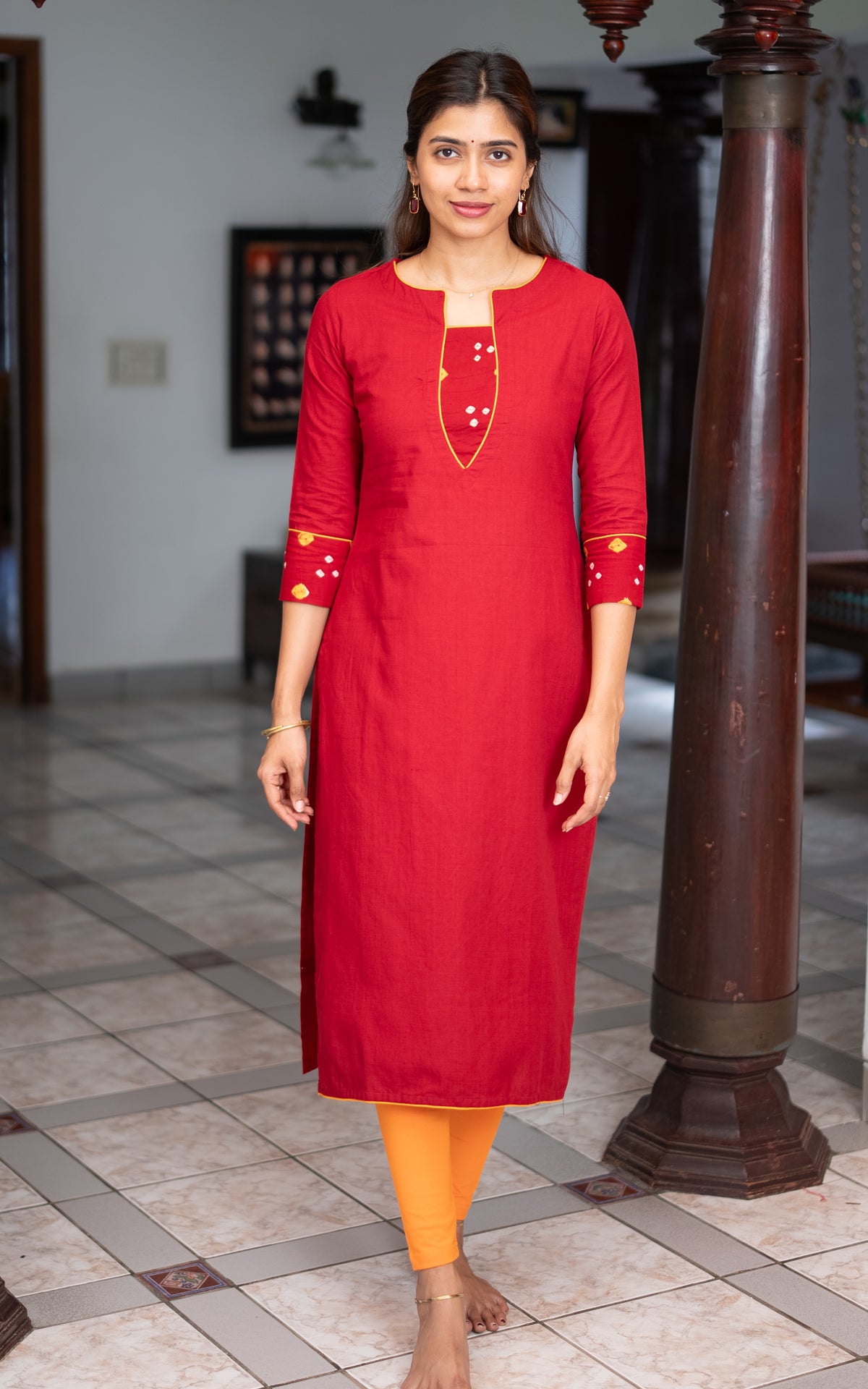 Red Cotton Elegant Straight Cut Kurti for Women
