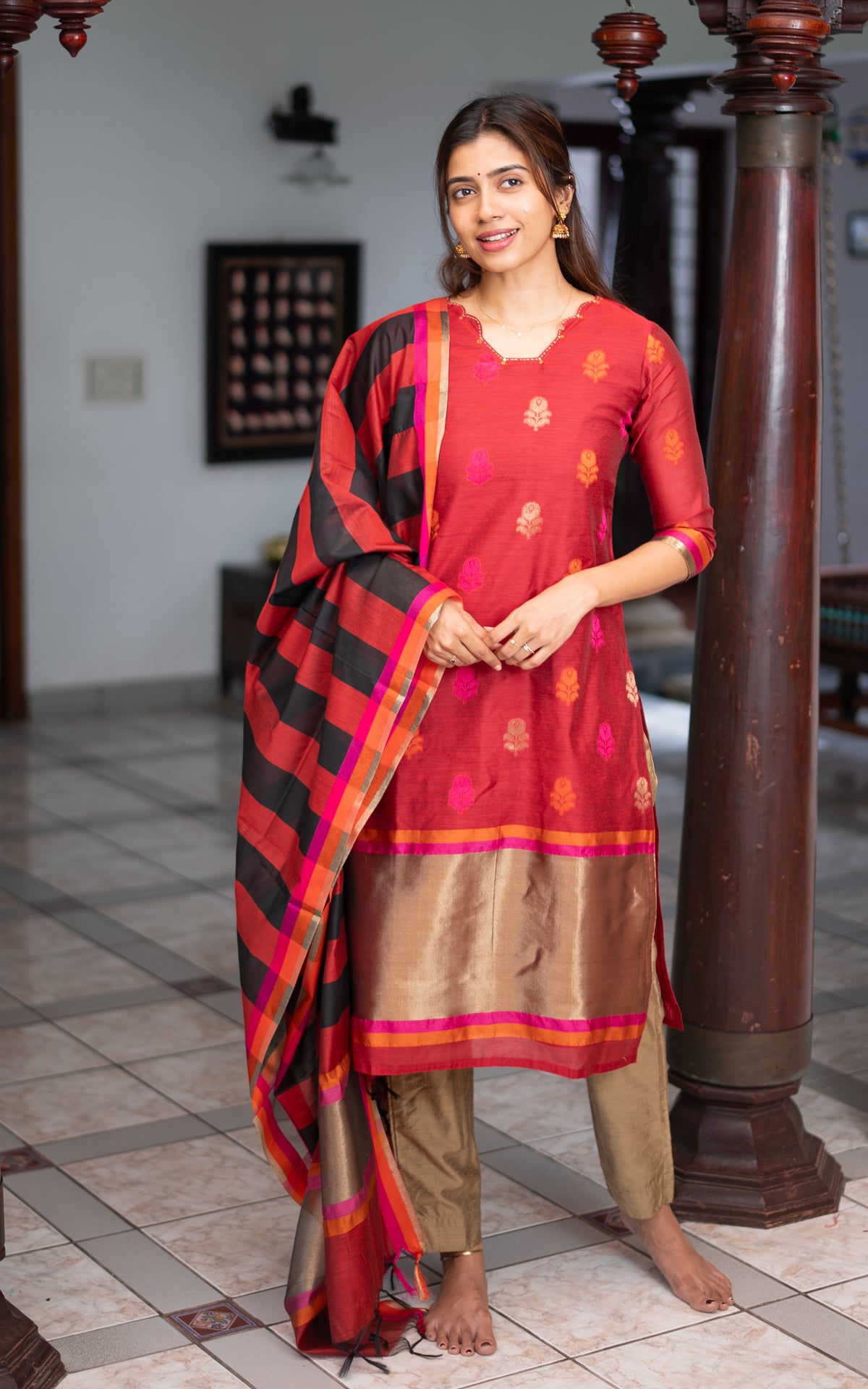 Red Art Silk Straight Cut Kurti with Art Silk Dupatta for Women