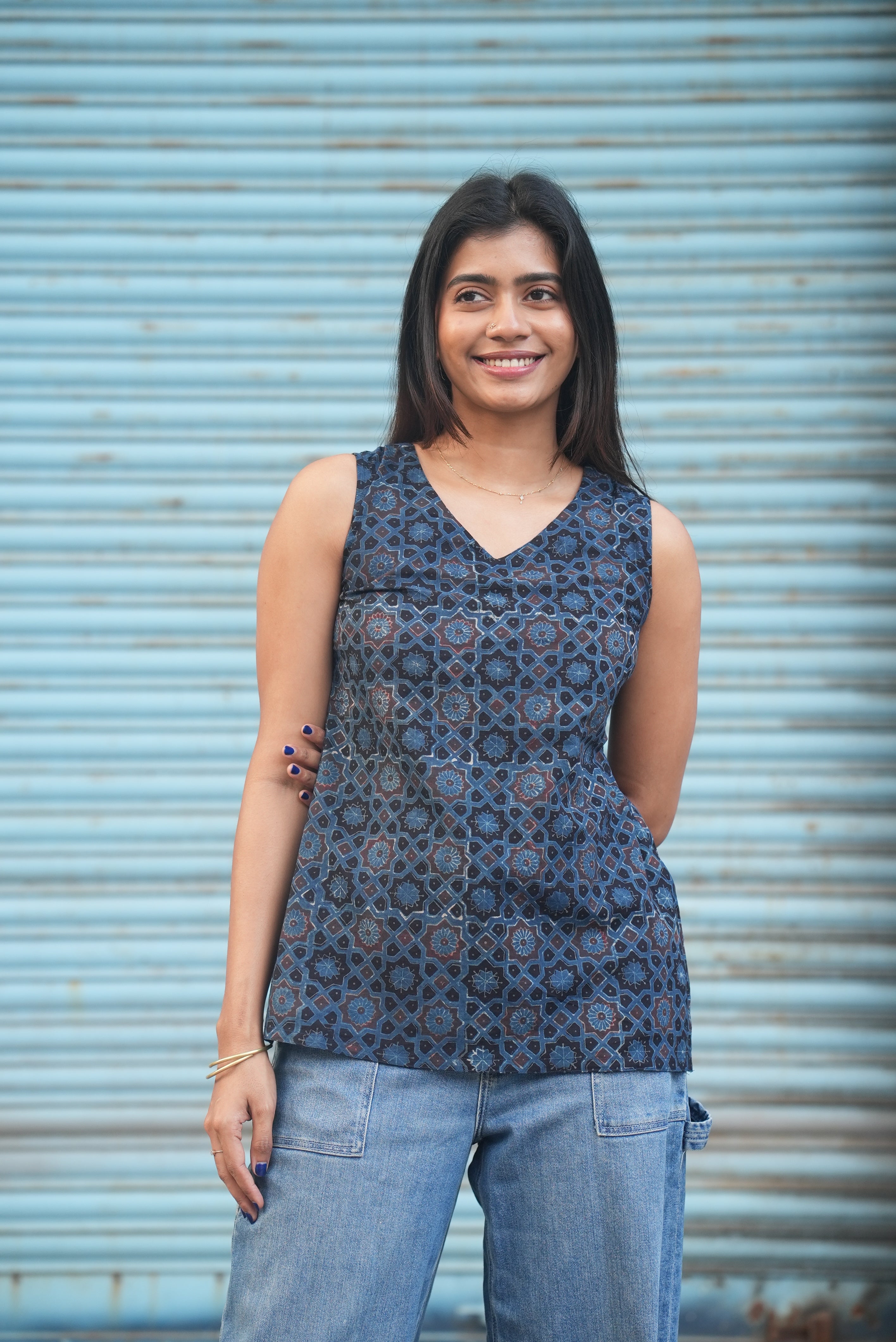 Hand block printed cotton for a soft and breathable feel.
Short top style, perfect for daily wear.