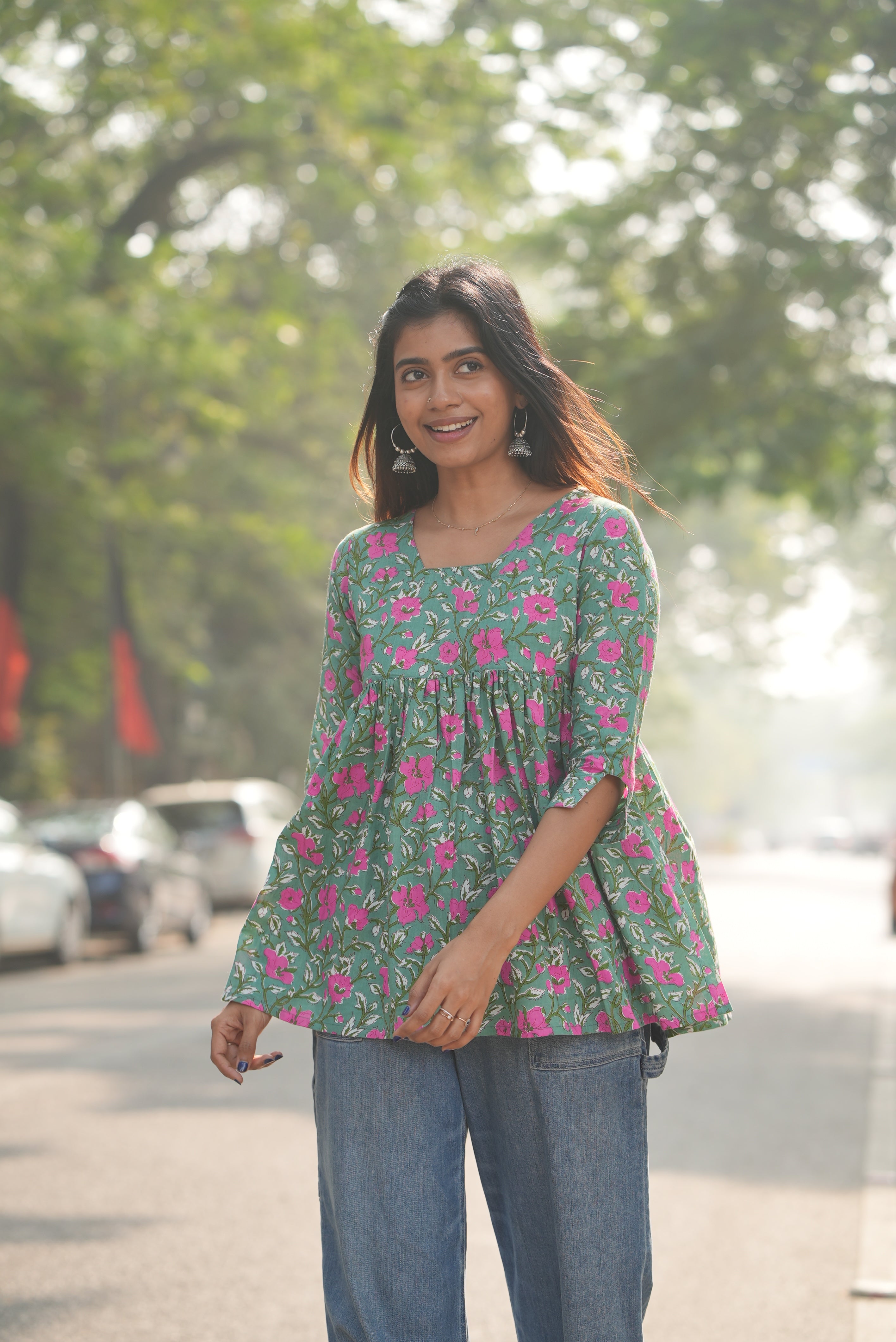 Green cotton ethnic short top with block print.