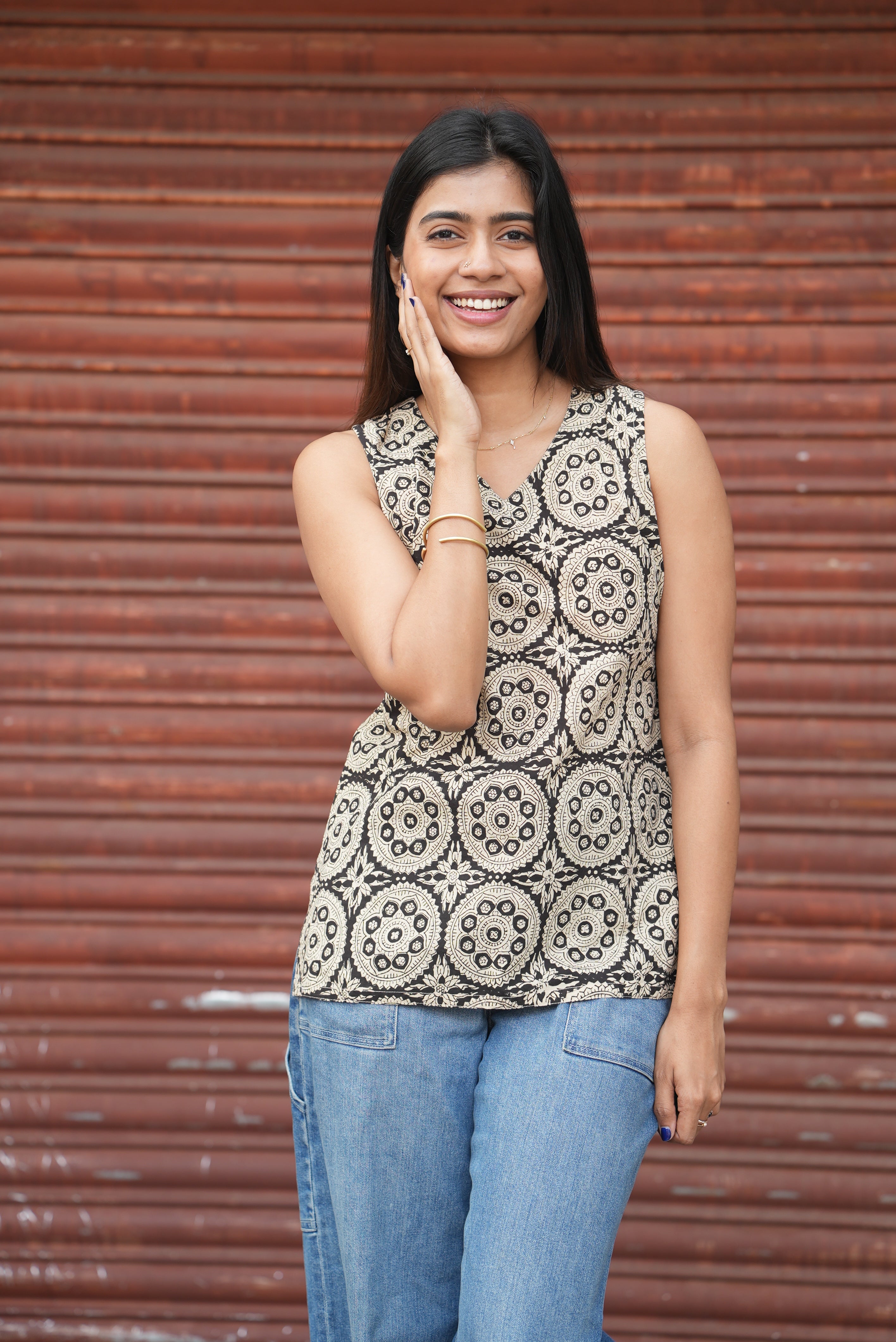 Hand block printed cotton short top with a modern twist.