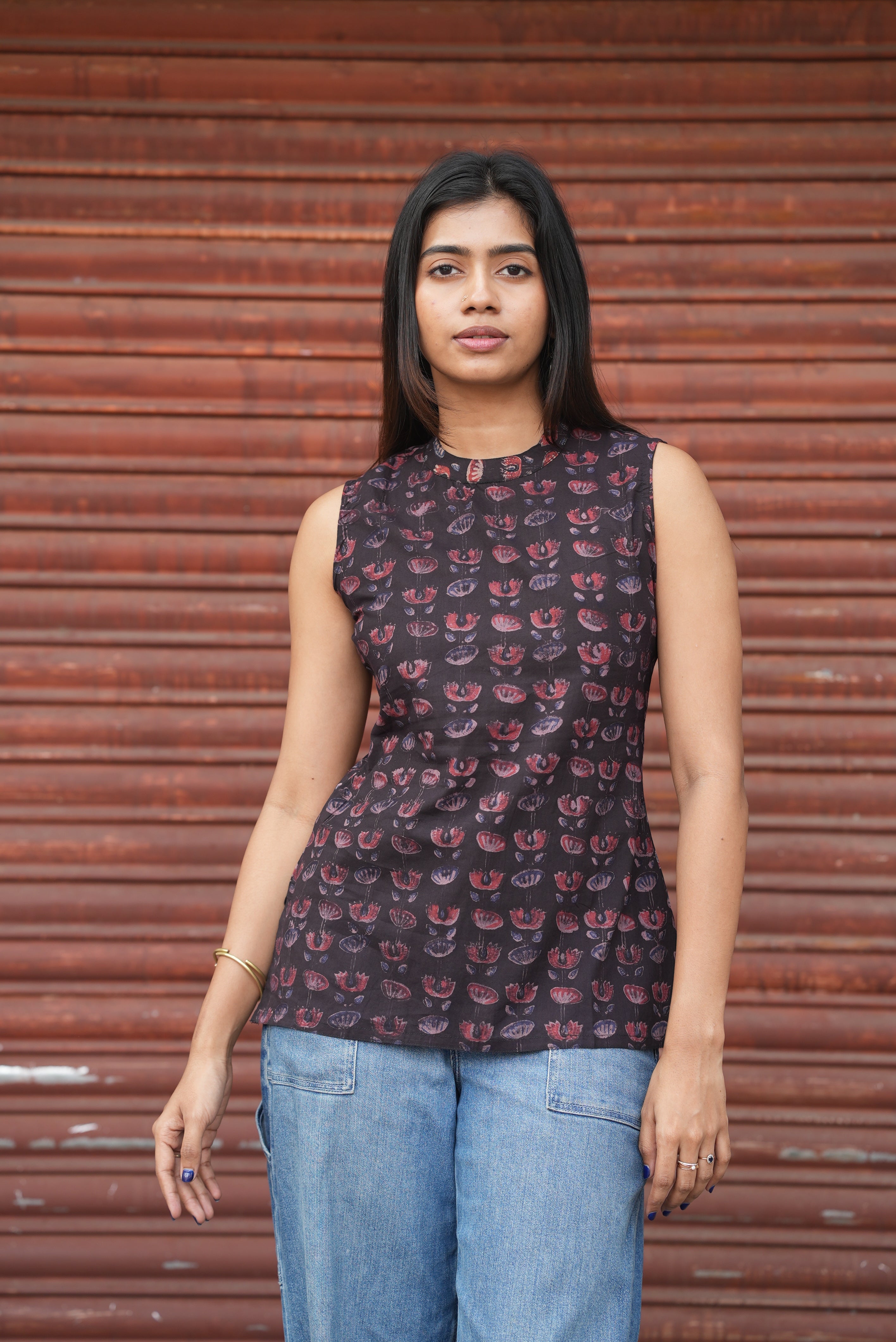 Hand block printed cotton short top.