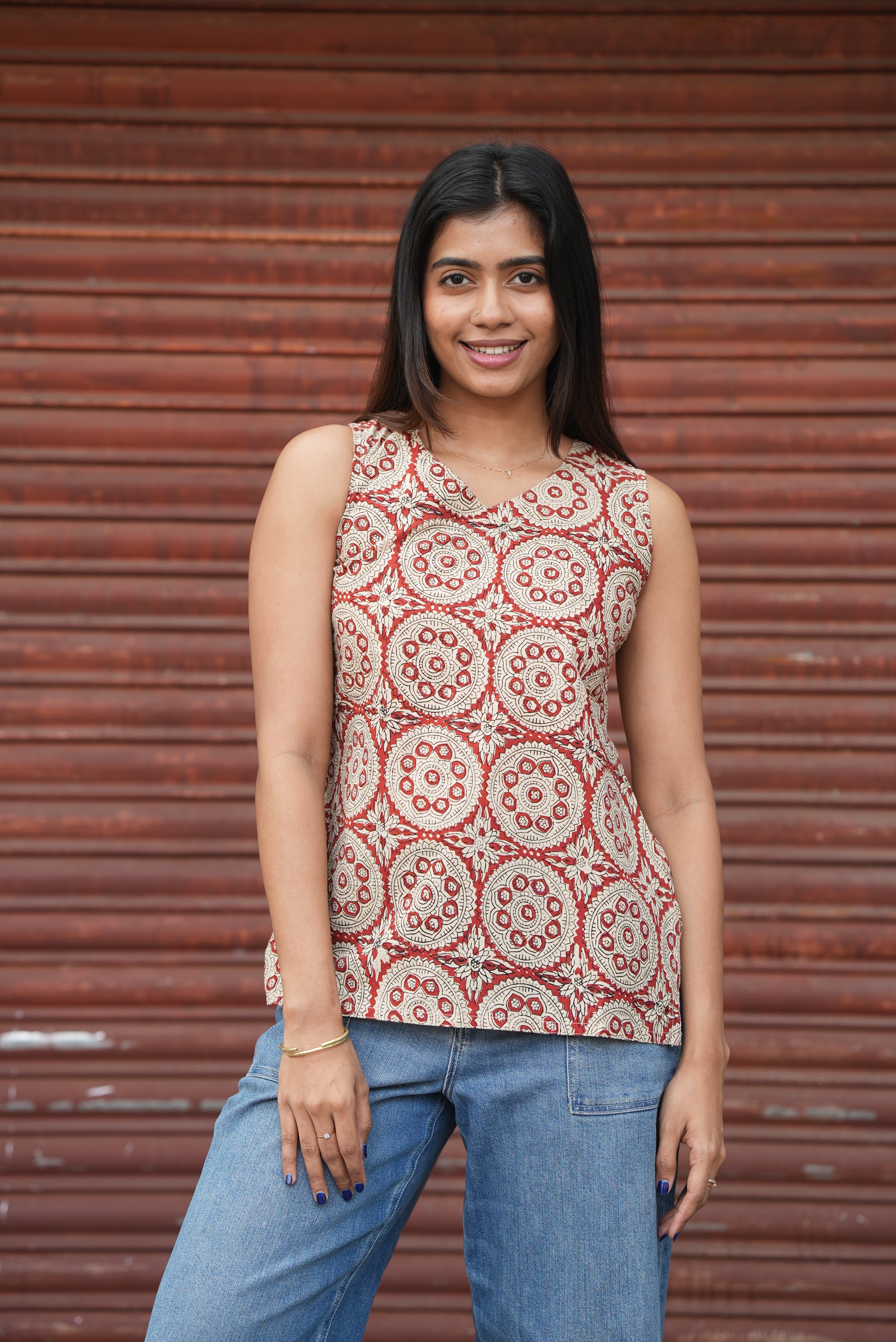 Maroon hand block printed cotton short top with side slit.cotton short top with hand block print and side slit.