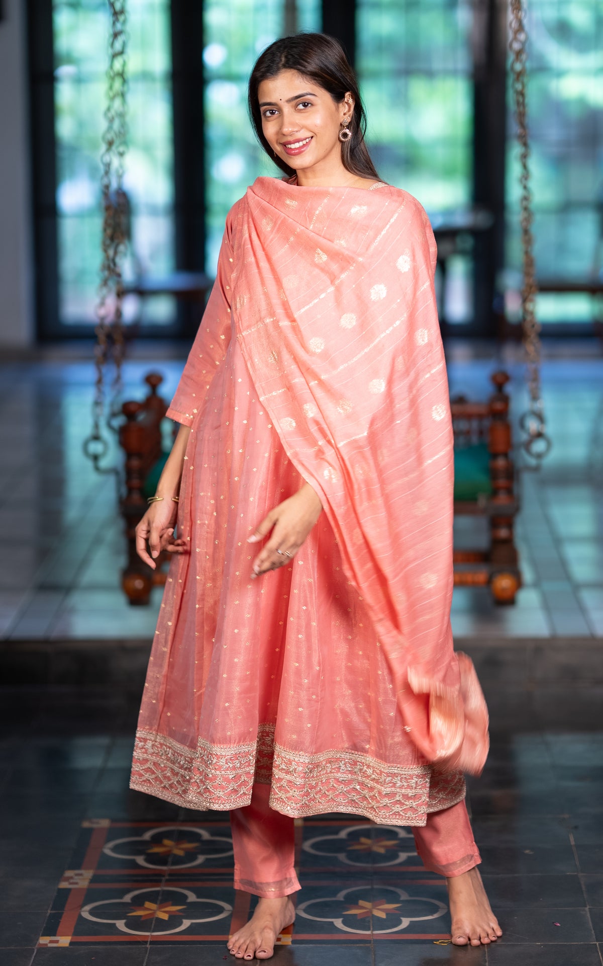 Instore – Peach Pranithi Kurti Pant Dupatta Set for Women – Cotton – Printed – Ethnic Wear
