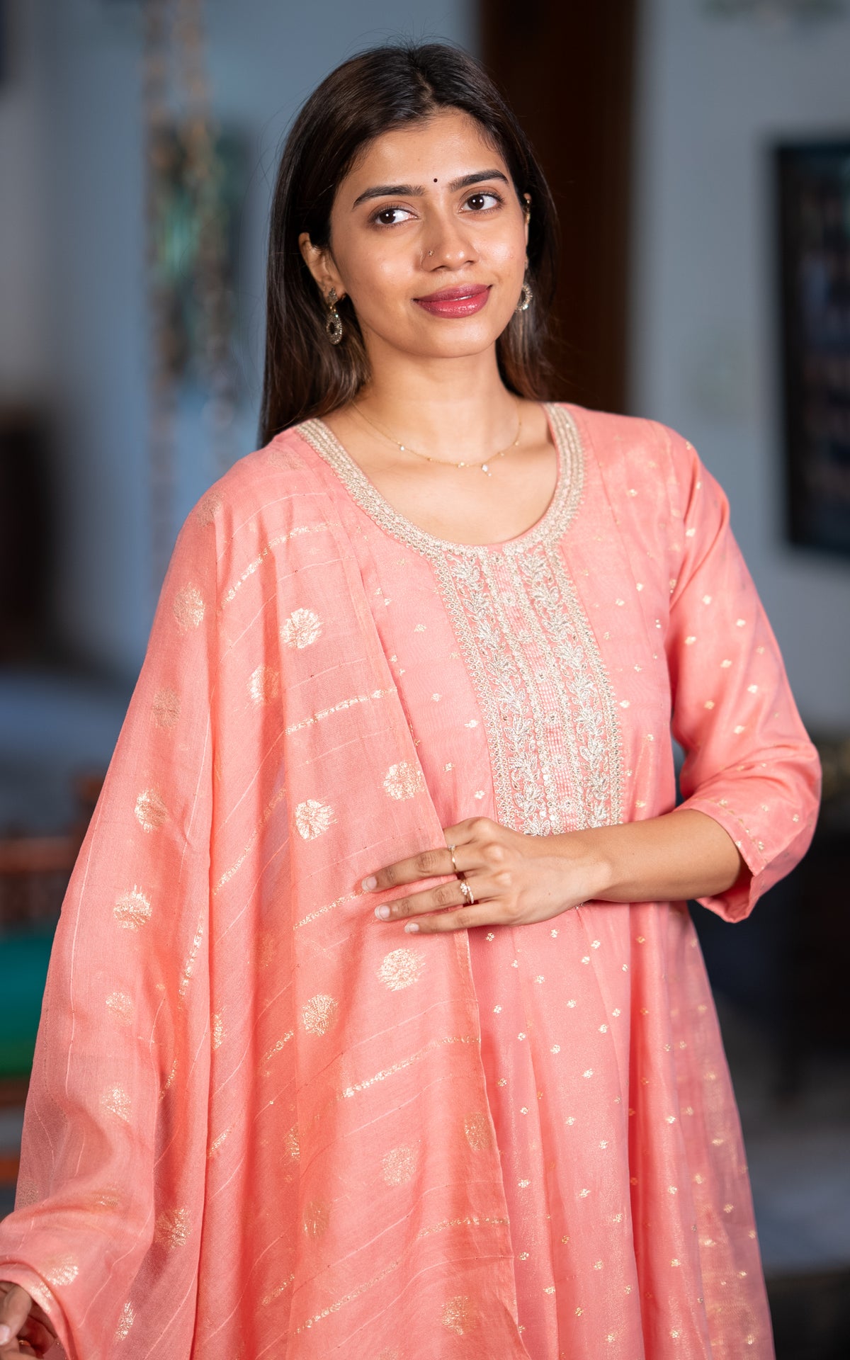 Instore – Peach Pranithi Kurti Pant Dupatta Set for Women – Cotton – Printed – Ethnic Wear