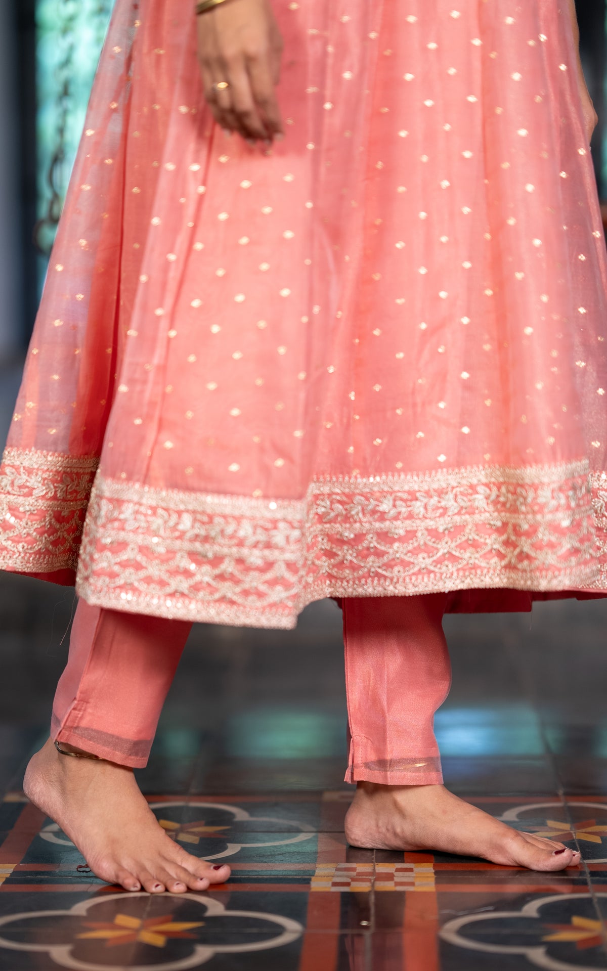 Instore – Peach Pranithi Kurti Pant Dupatta Set for Women – Cotton – Printed – Ethnic Wear