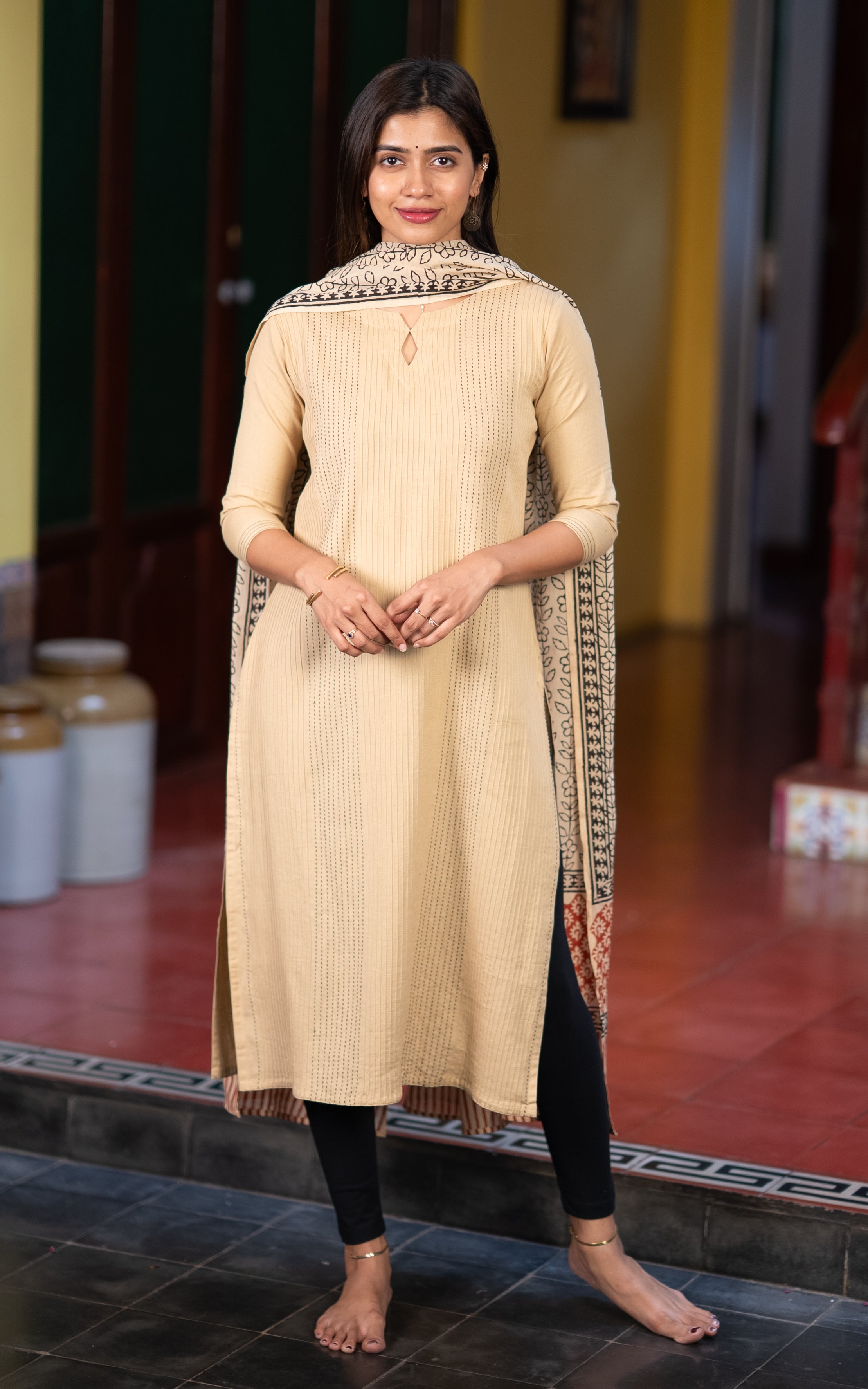 Beige Cotton Kurti with Dupatta for Women