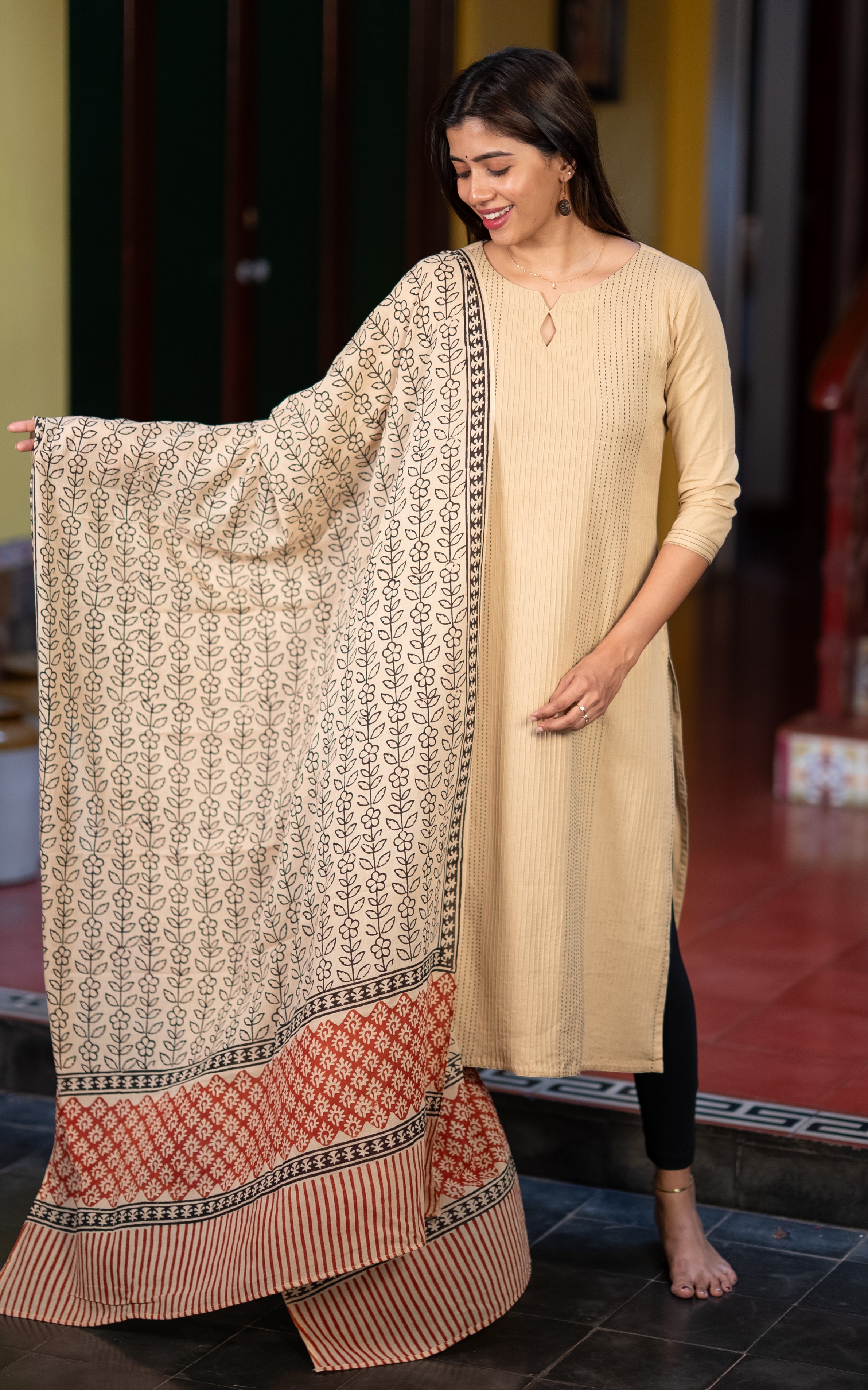 Beige Cotton Office Wear Kurti with Dupatta for Women