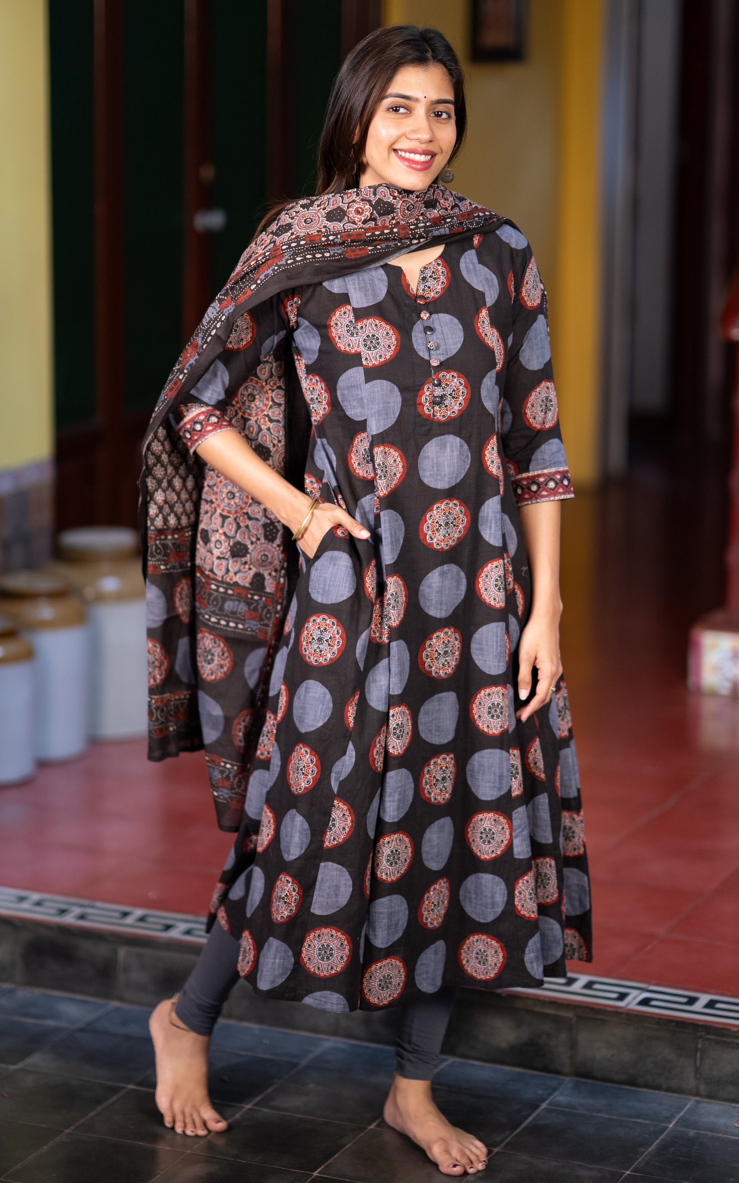 Black Cotton Office Wear Anarkali Kurti with Dupatta for Women