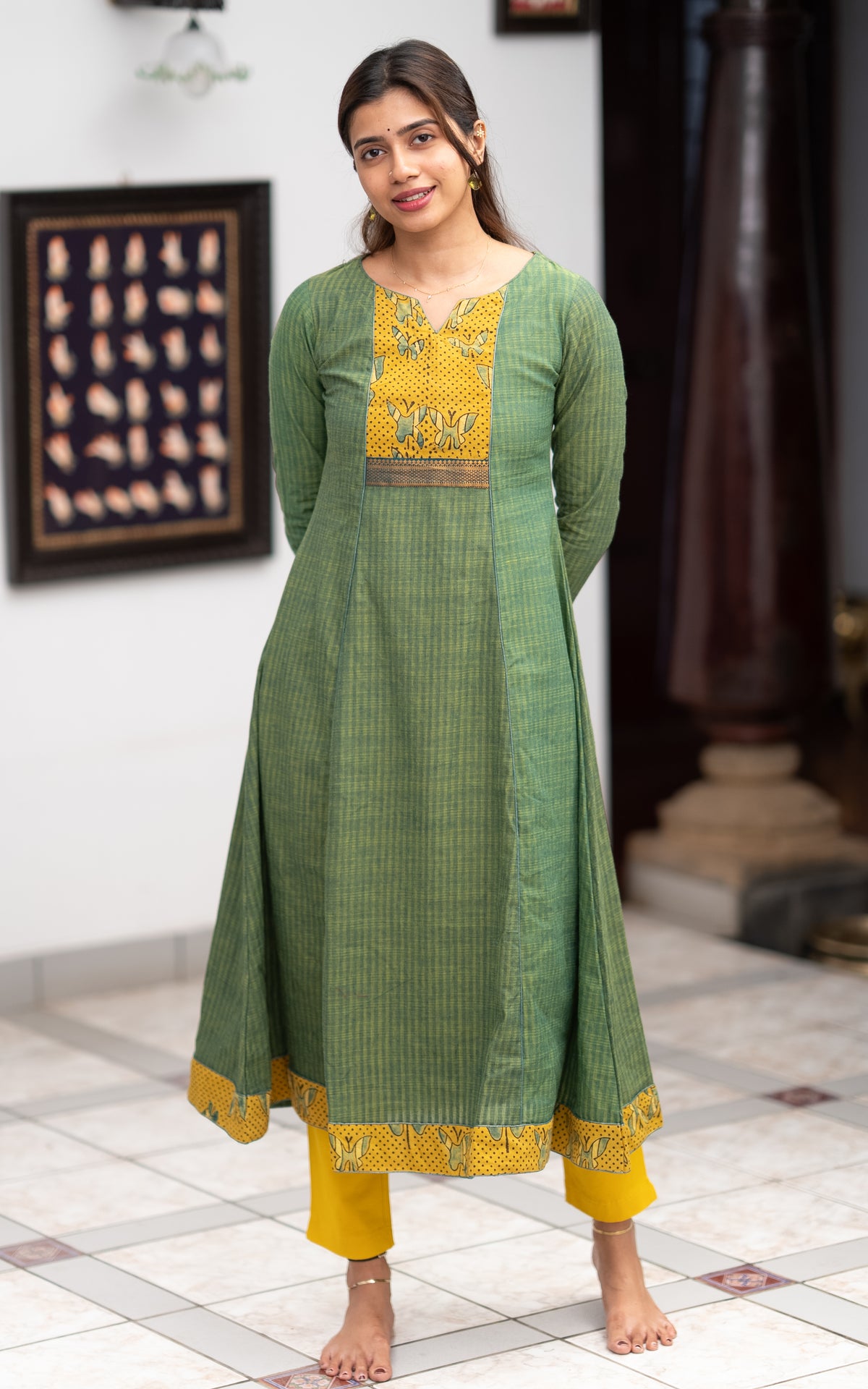 Green Cotton Traditional Anarkali Kurti for Women