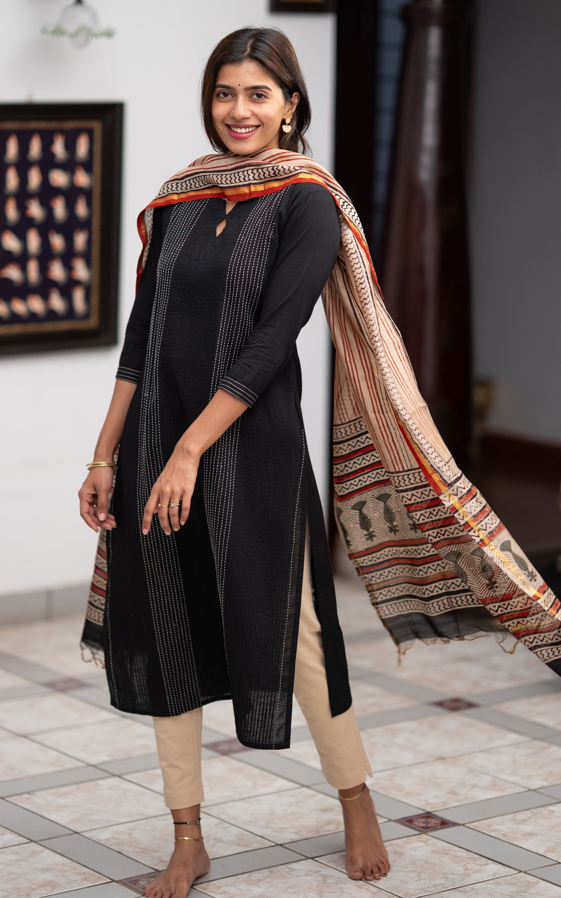Black Cotton Daily Wear Kurti with Dupatta for Women