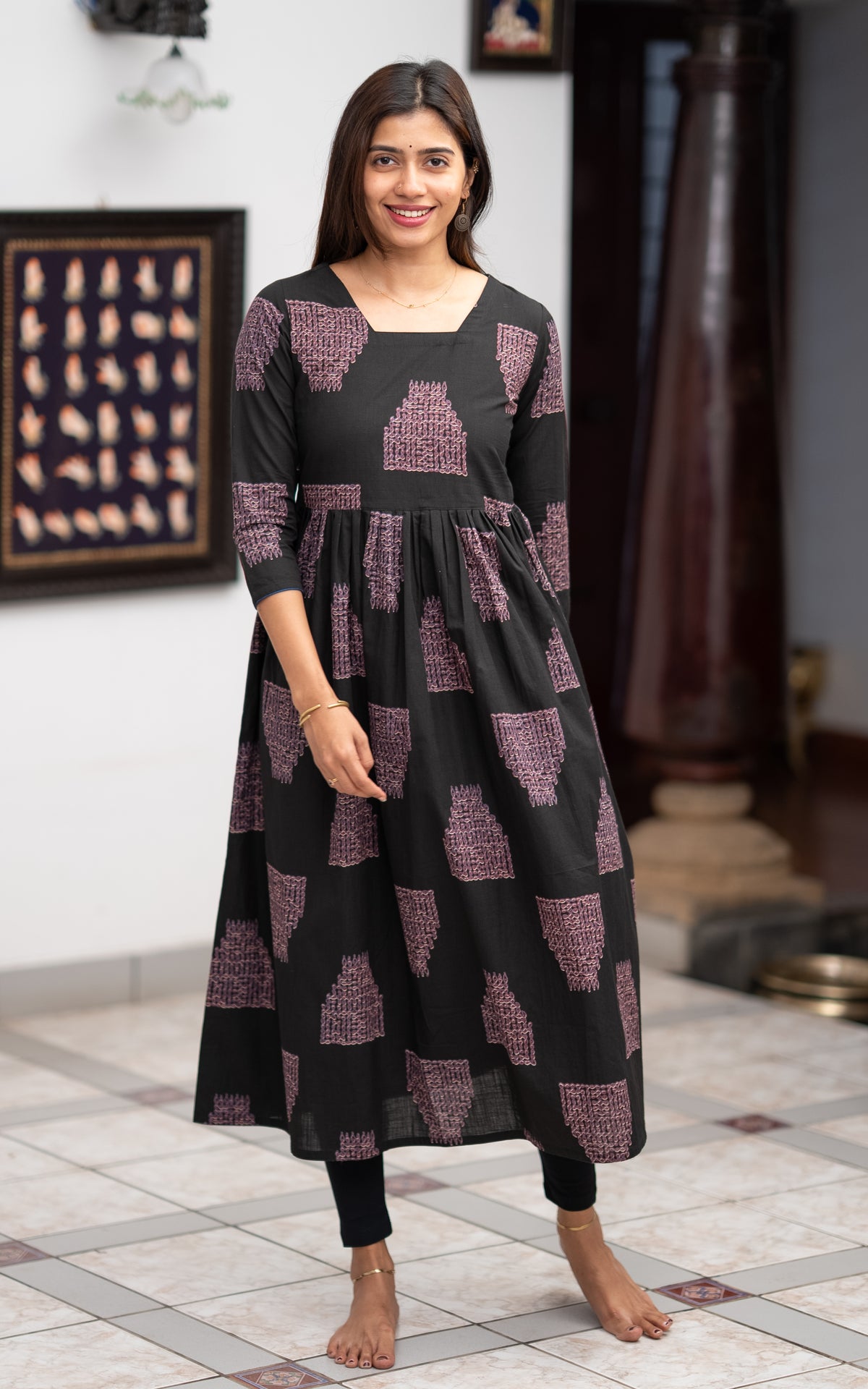 Black Cotton Indo Western Flared Kurti for Women