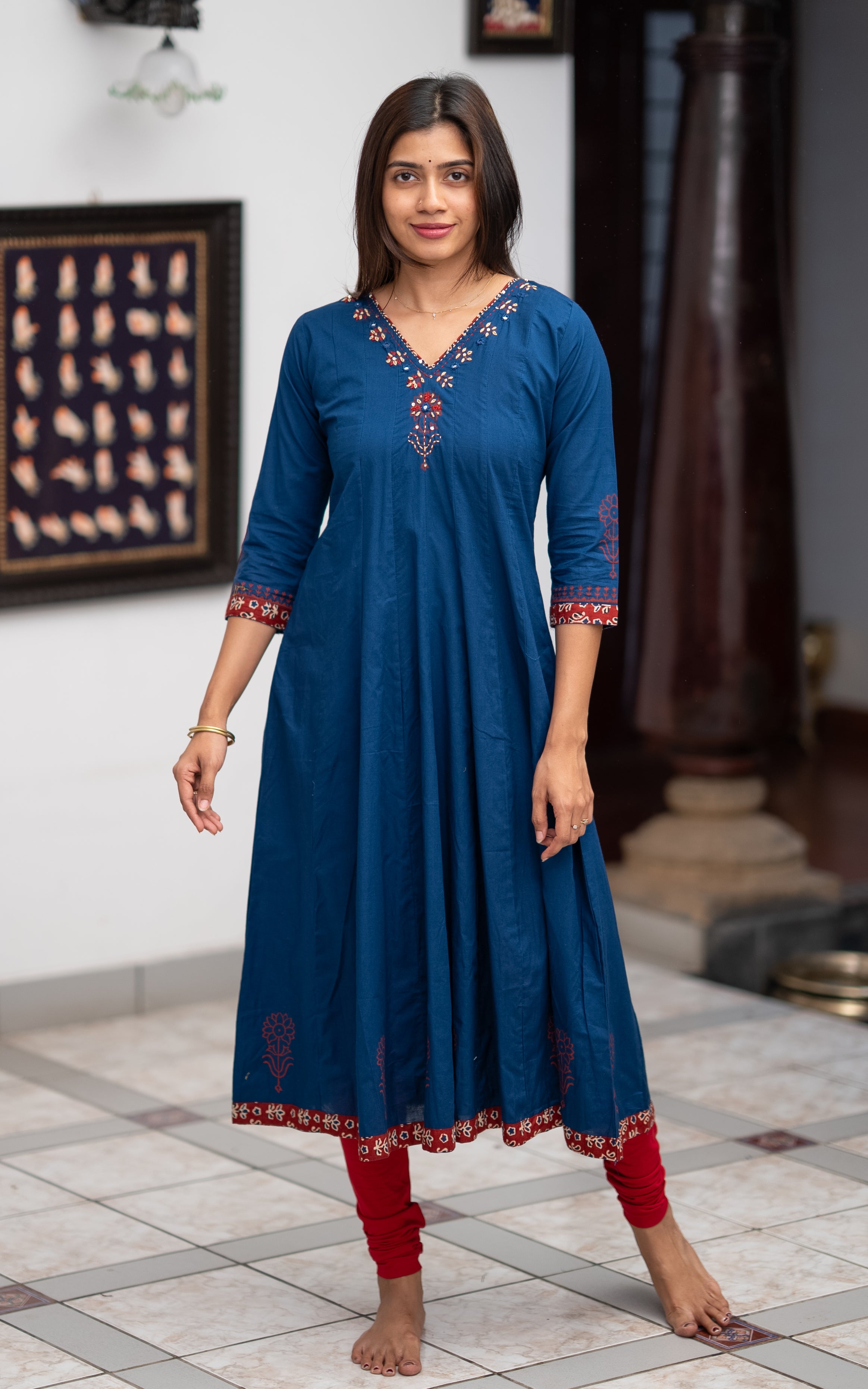 Blue Cotton Daily Wear Flared Anarkali Kurti for Women