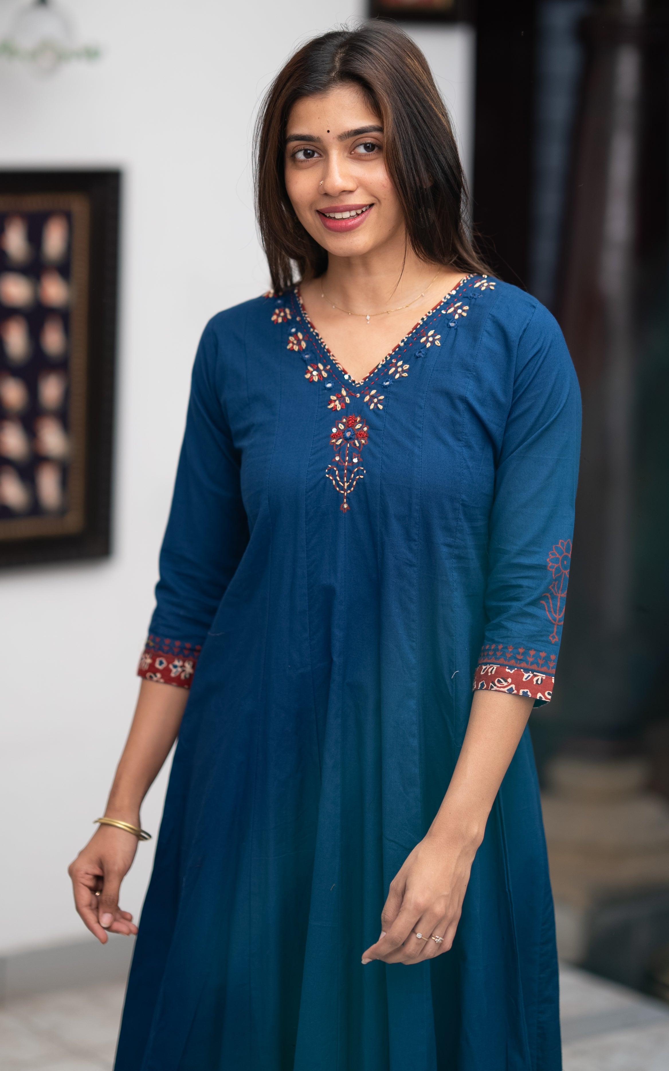 Blue Cotton Flared Anarkali Kurti for Women