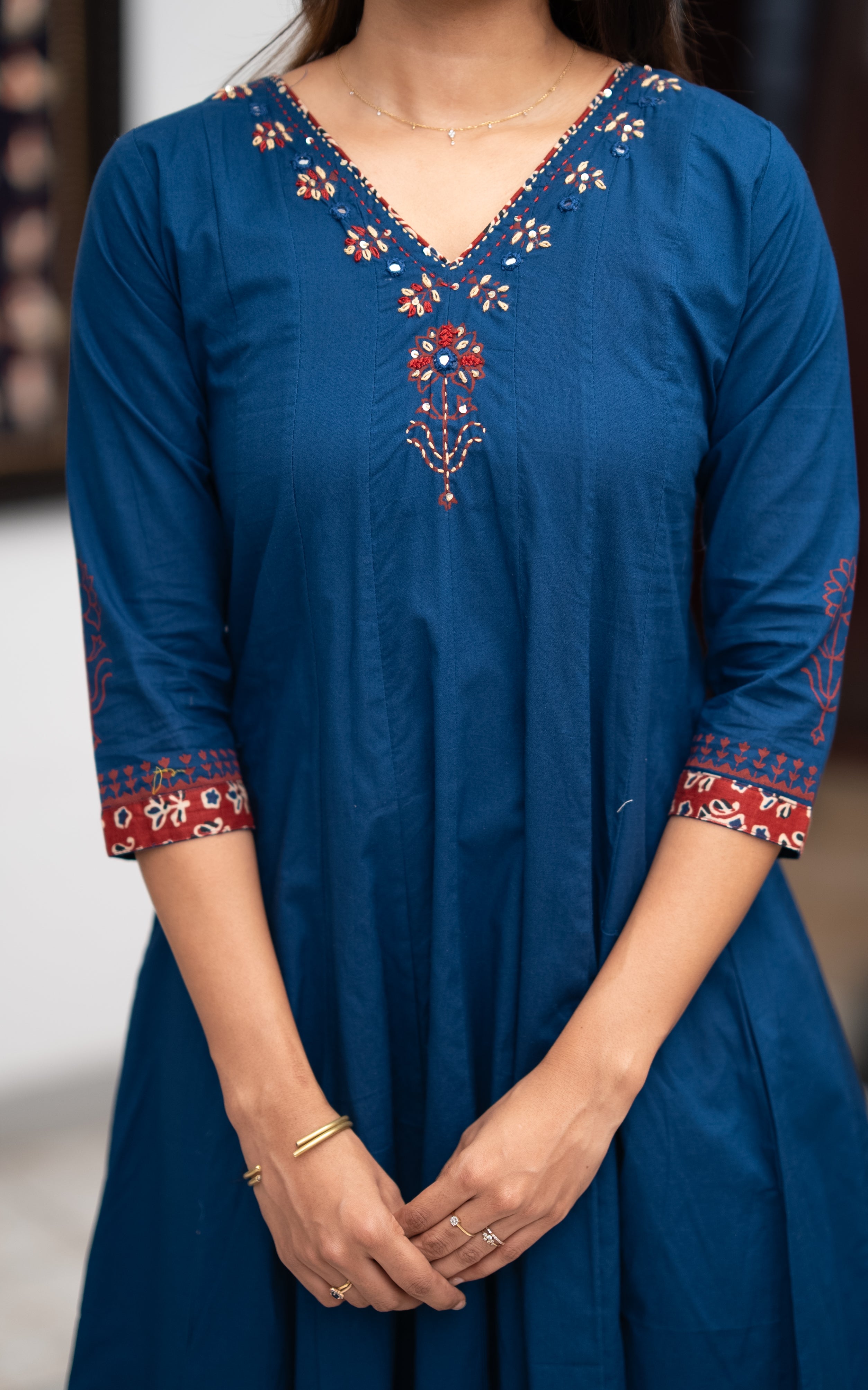 Blue Cotton Office Wear Flared Anarkali Kurti for Women