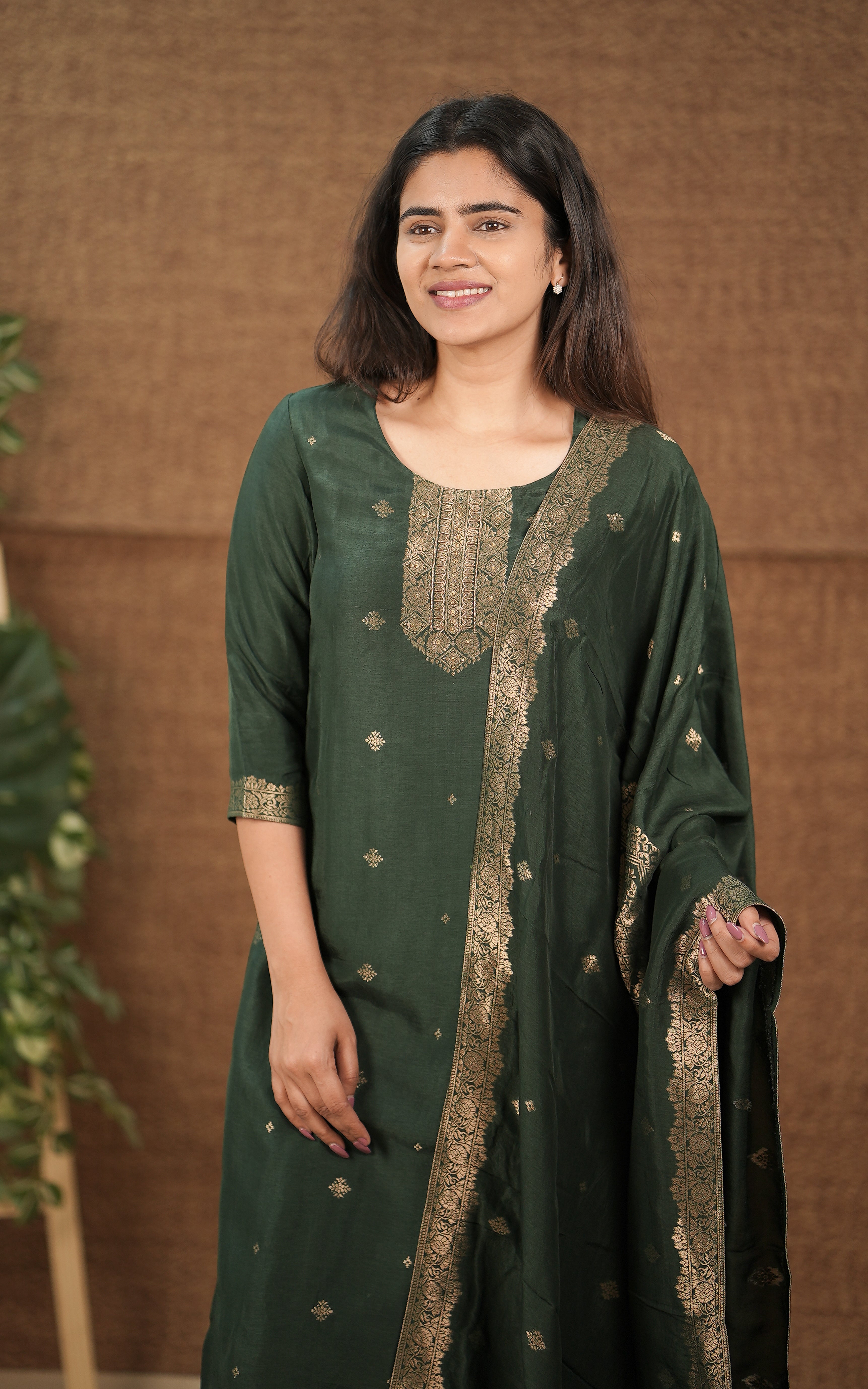 instore madhina bottle green (kurti+dupatta) chanderi silk with lining for women | college wear and office wear | casual wear for women