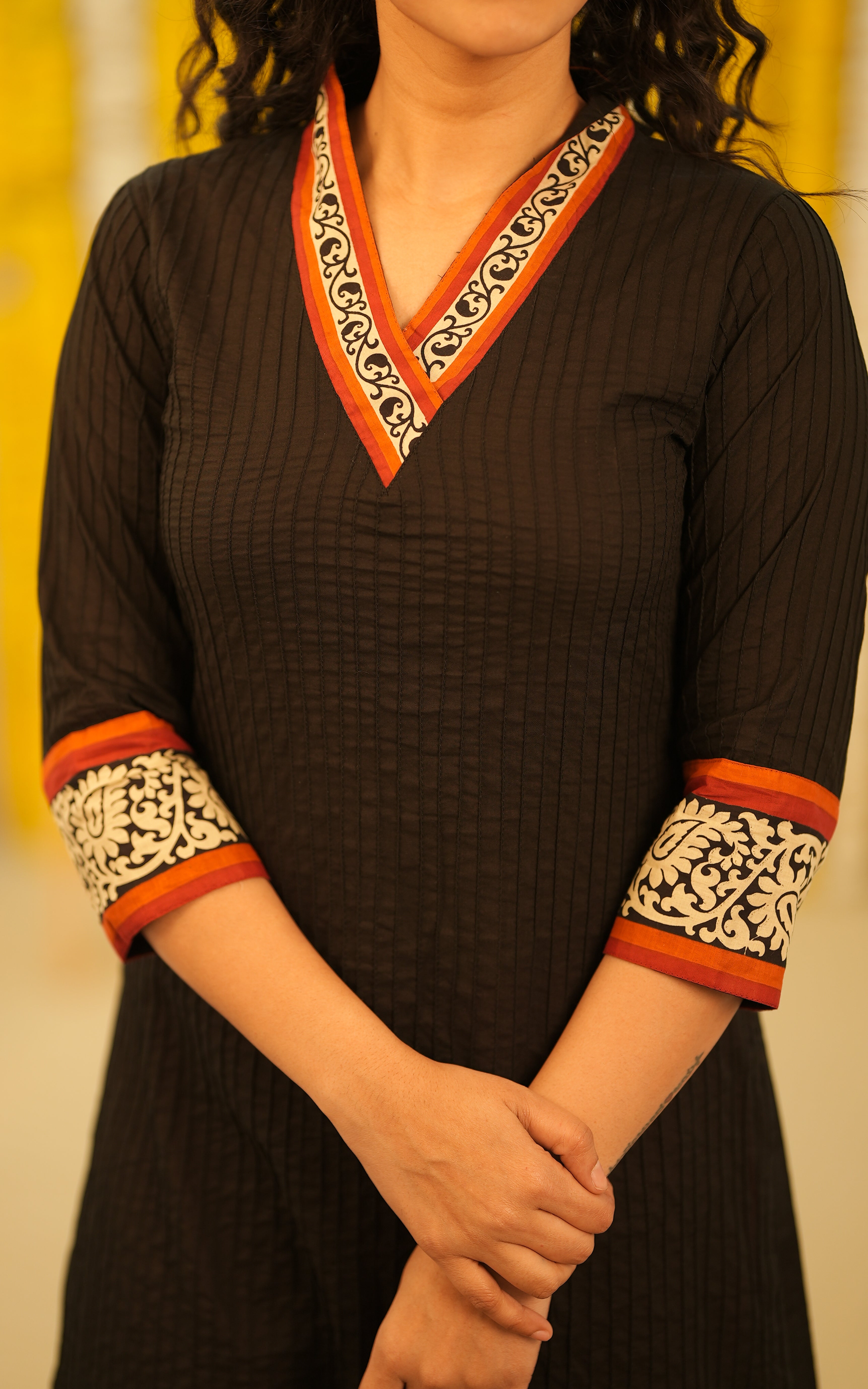 Instore - Black Cotton Straight Cut Kurti with Side Slit & No Lining