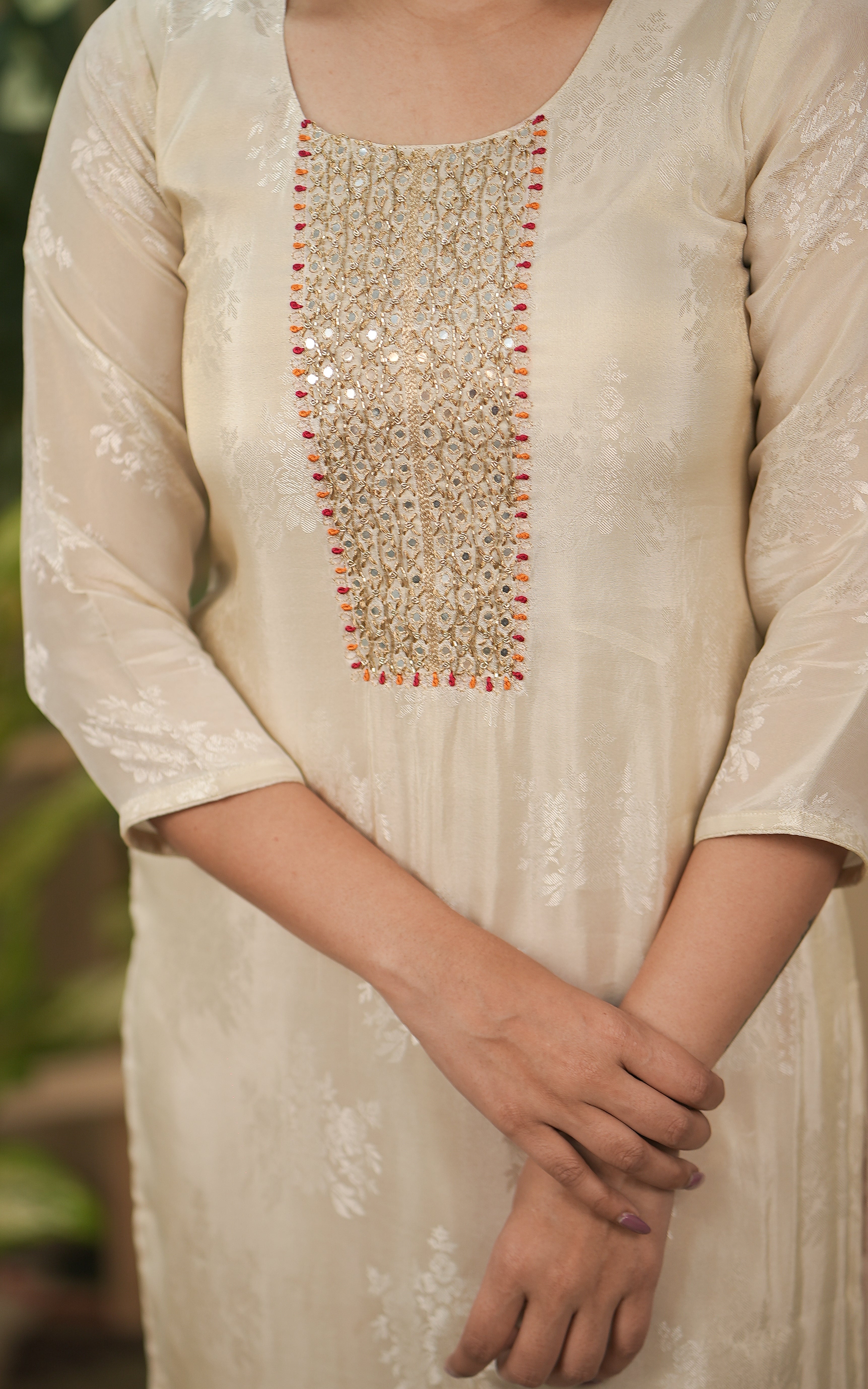 in store kurti art banarasi silk straight cut kurti with side slit and mirror & aari work in front yoke color: off white