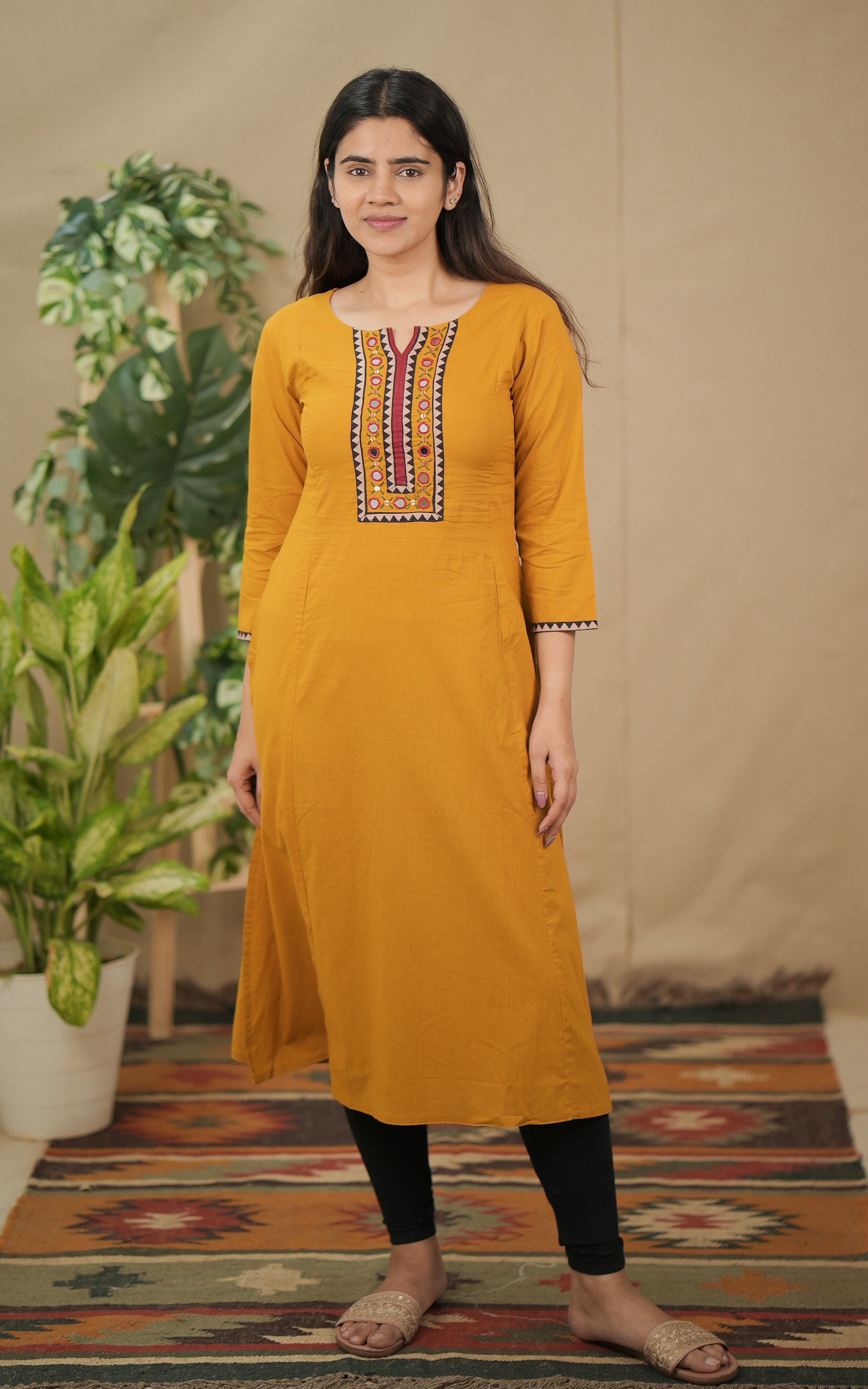instore kurti mohini cotton aline kurti with side slit and mirror work in front yoke color: mustard 
