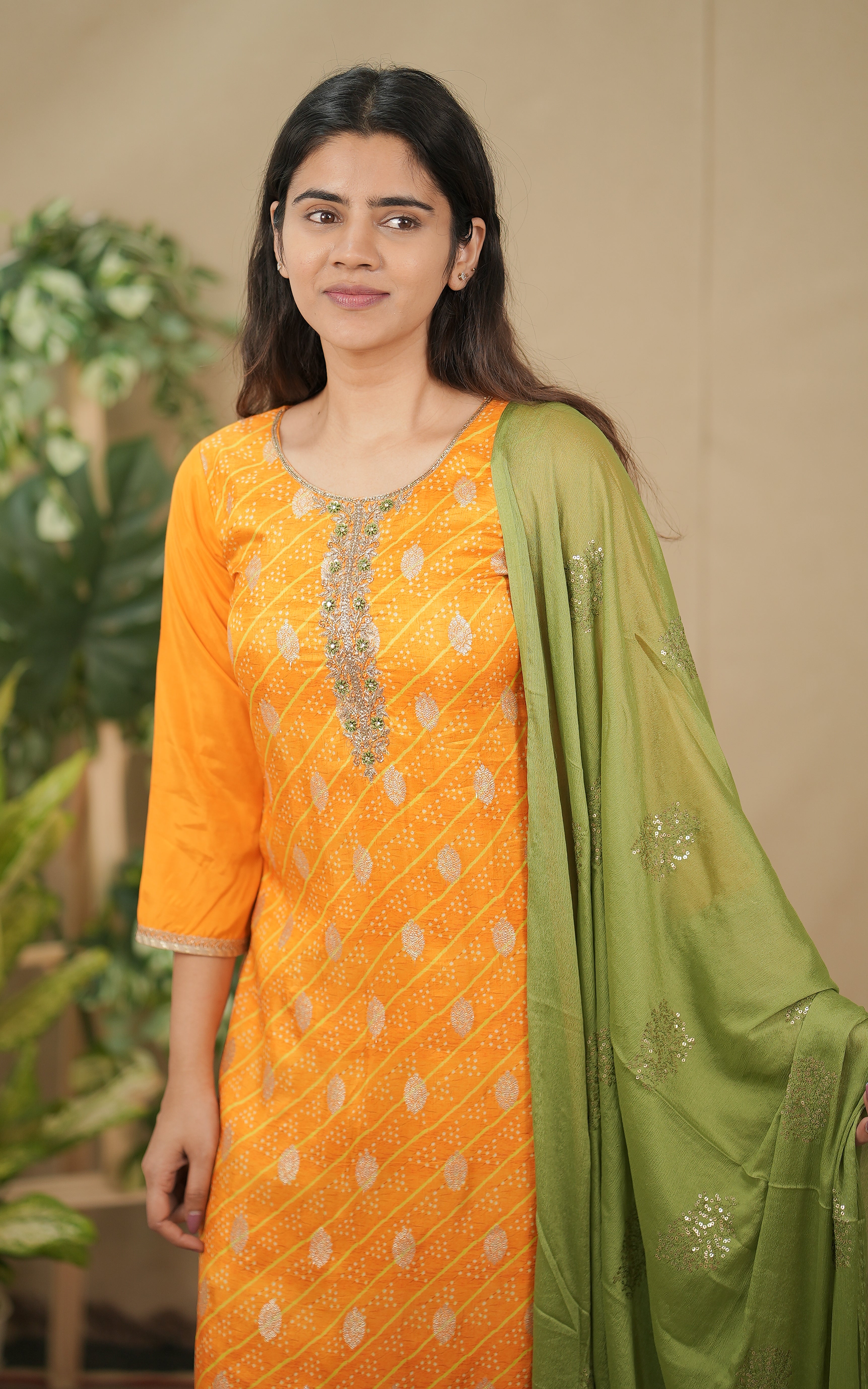 in store kurti college wear for women art silk bandhani straight cut kurti color: mango yellow
