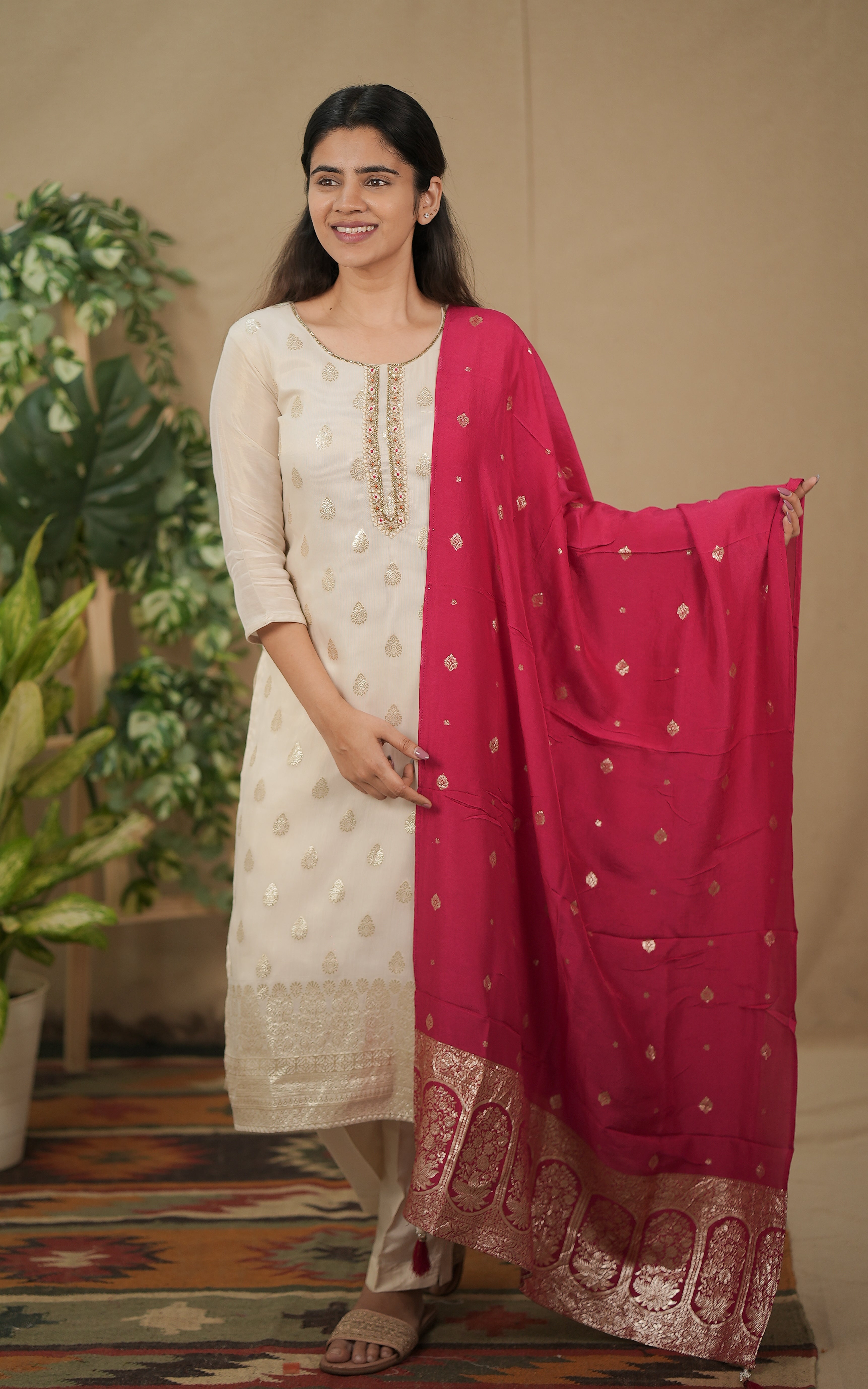 instore kurti daksha off white (kurti+pant+dupatta) art banarasi silk straight cut kurti color: off white 