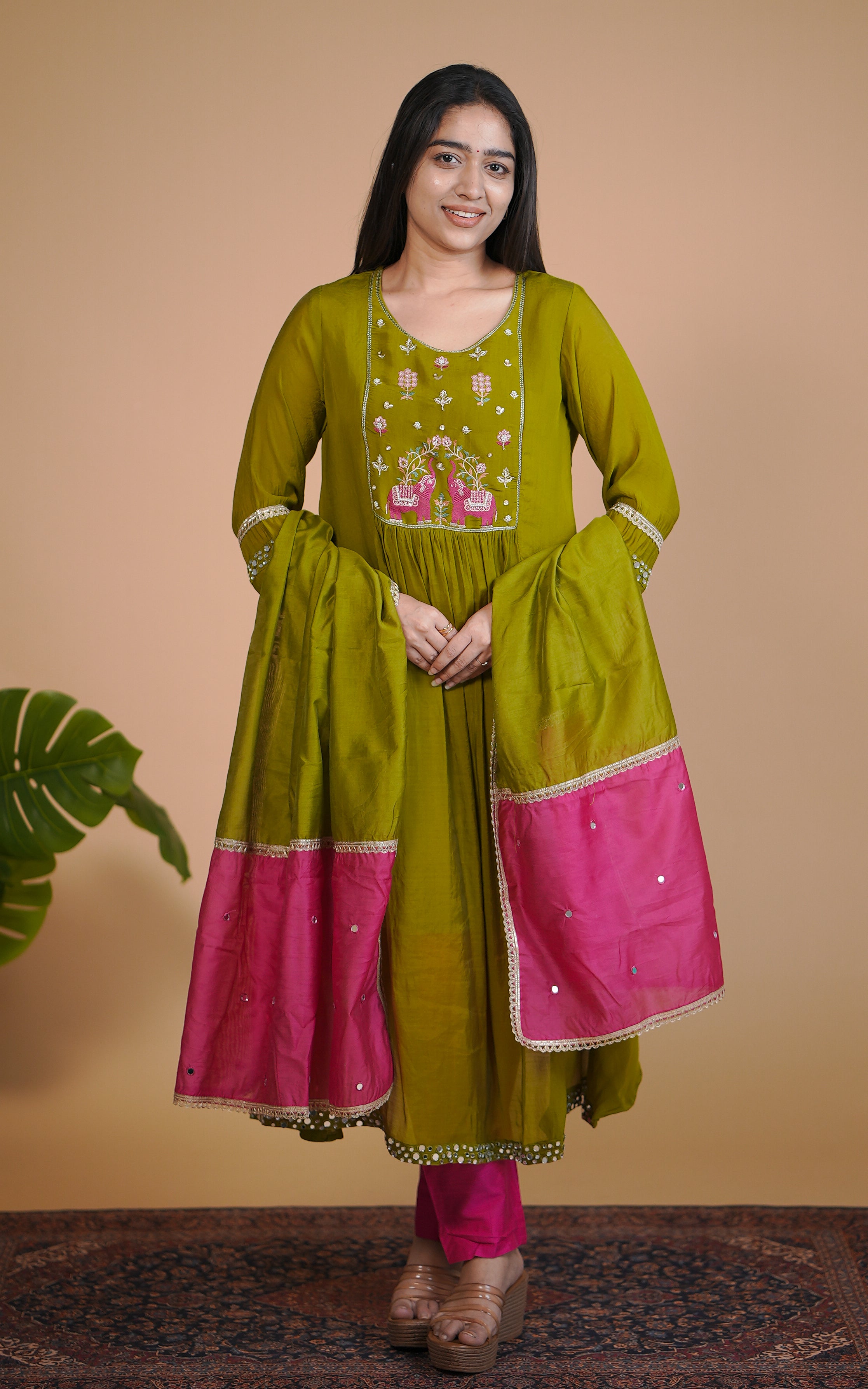 Olive green art silk kurti set for women