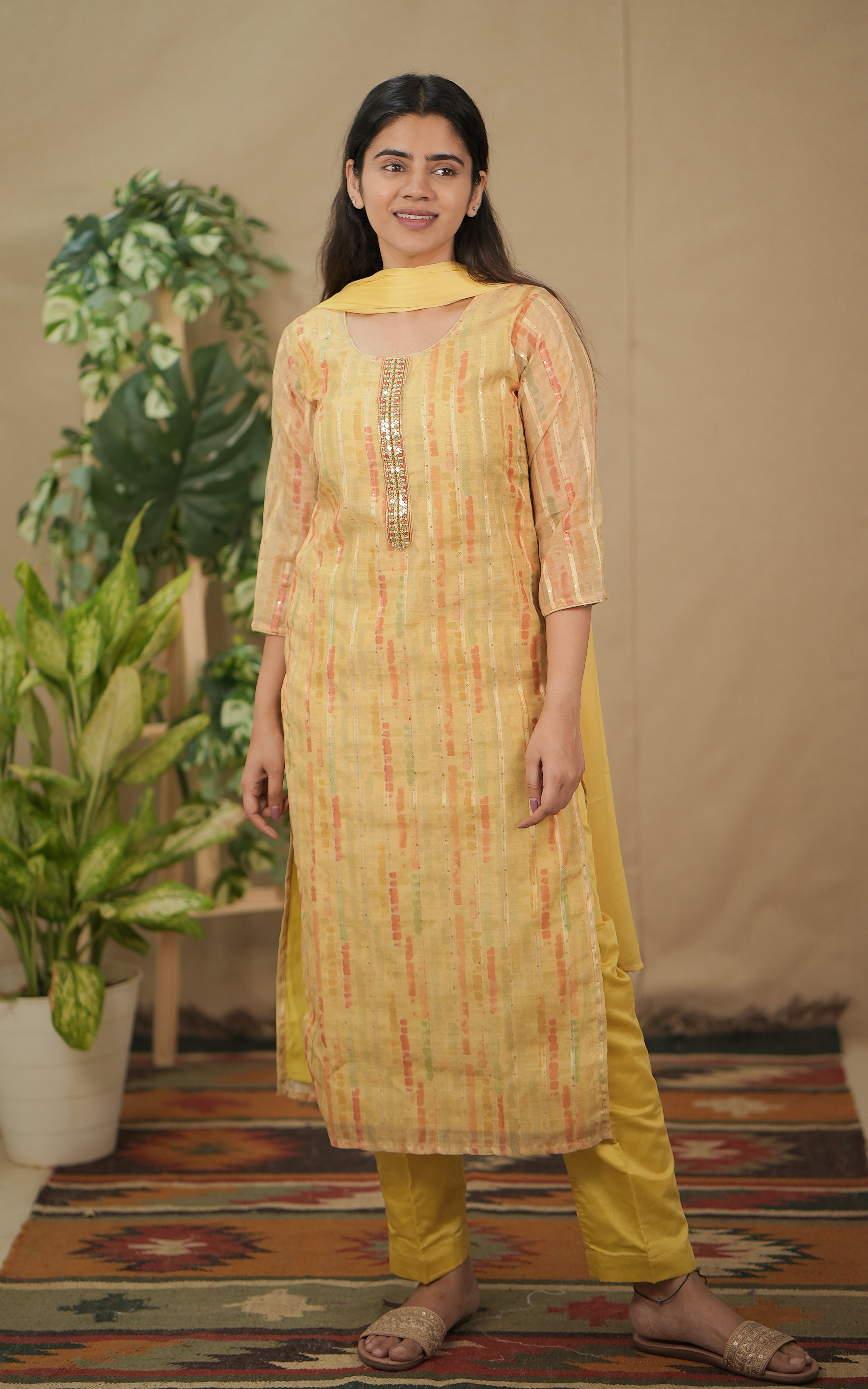 instore kurti daksha yellow (kurti+pant+dupatta) art silk bandhani straight cut kurti color: yellow