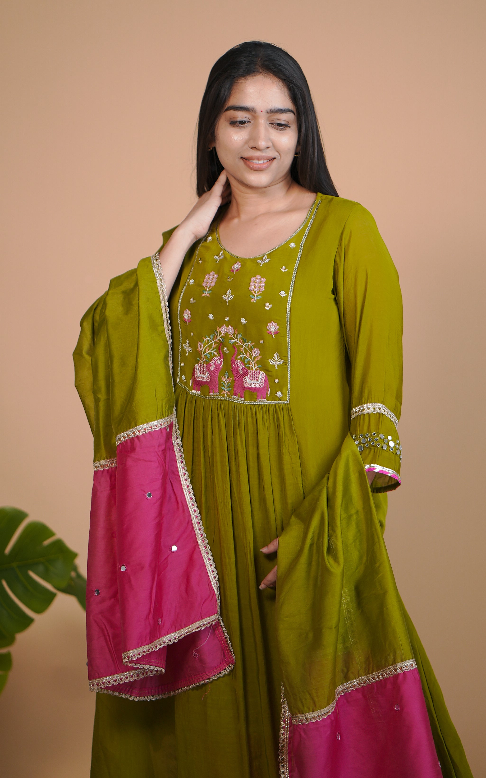 Olive green kurti with mirror work for women