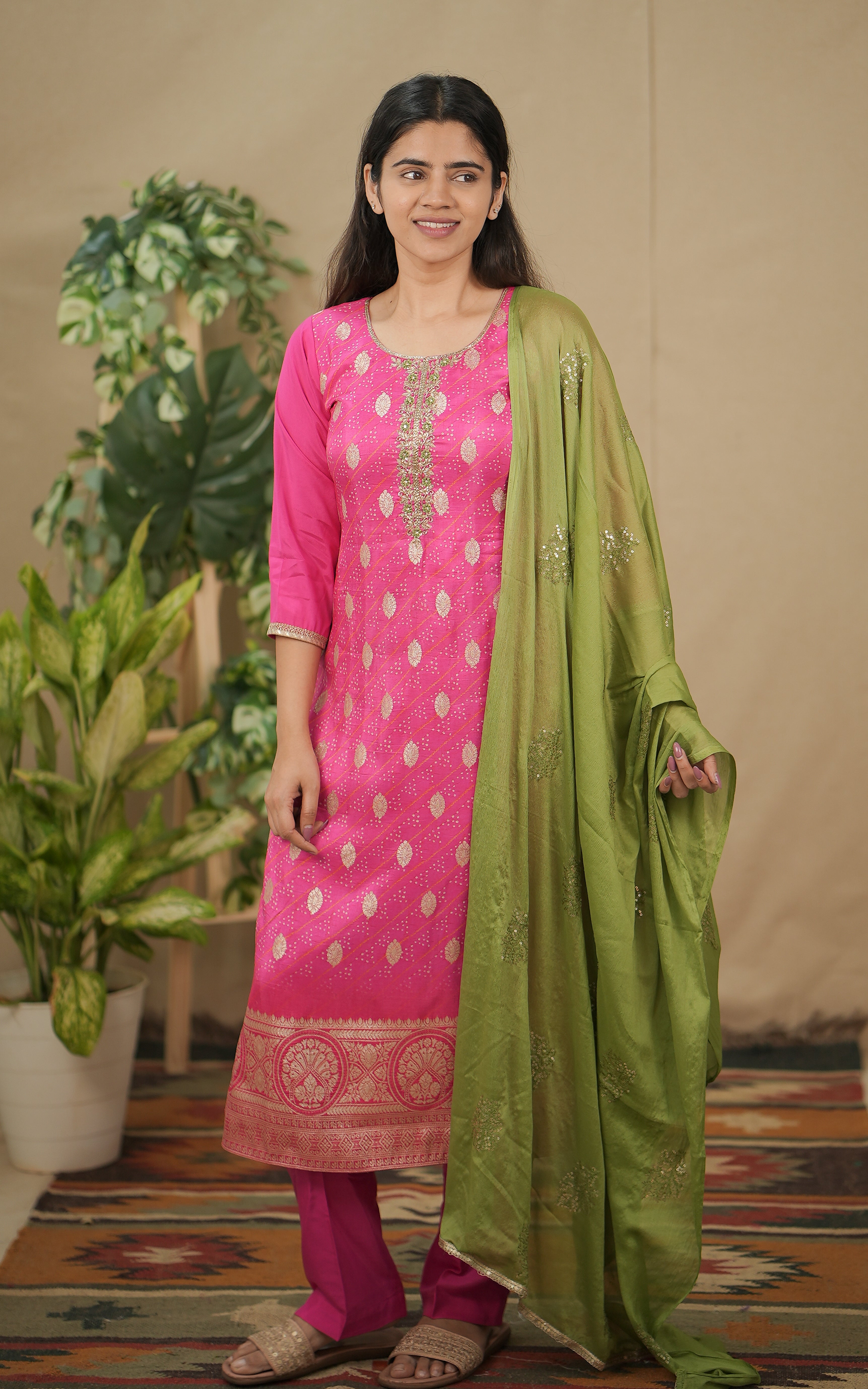 instore kurti daksha pink (kurti+pant+dupatta) art silk bandhani straight cut kurti color: pink