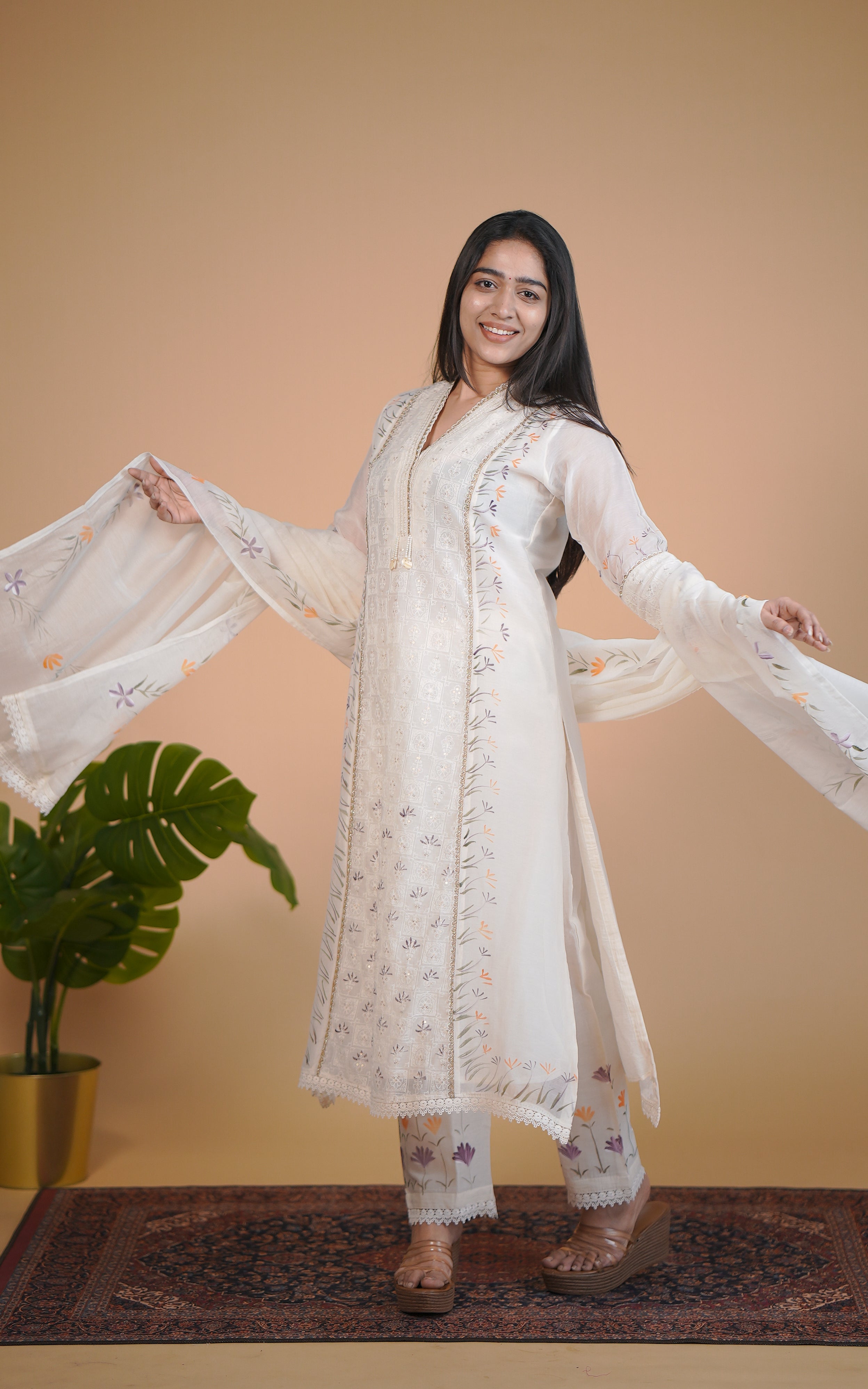 Chanderi silk kurti with thread embroidery for women