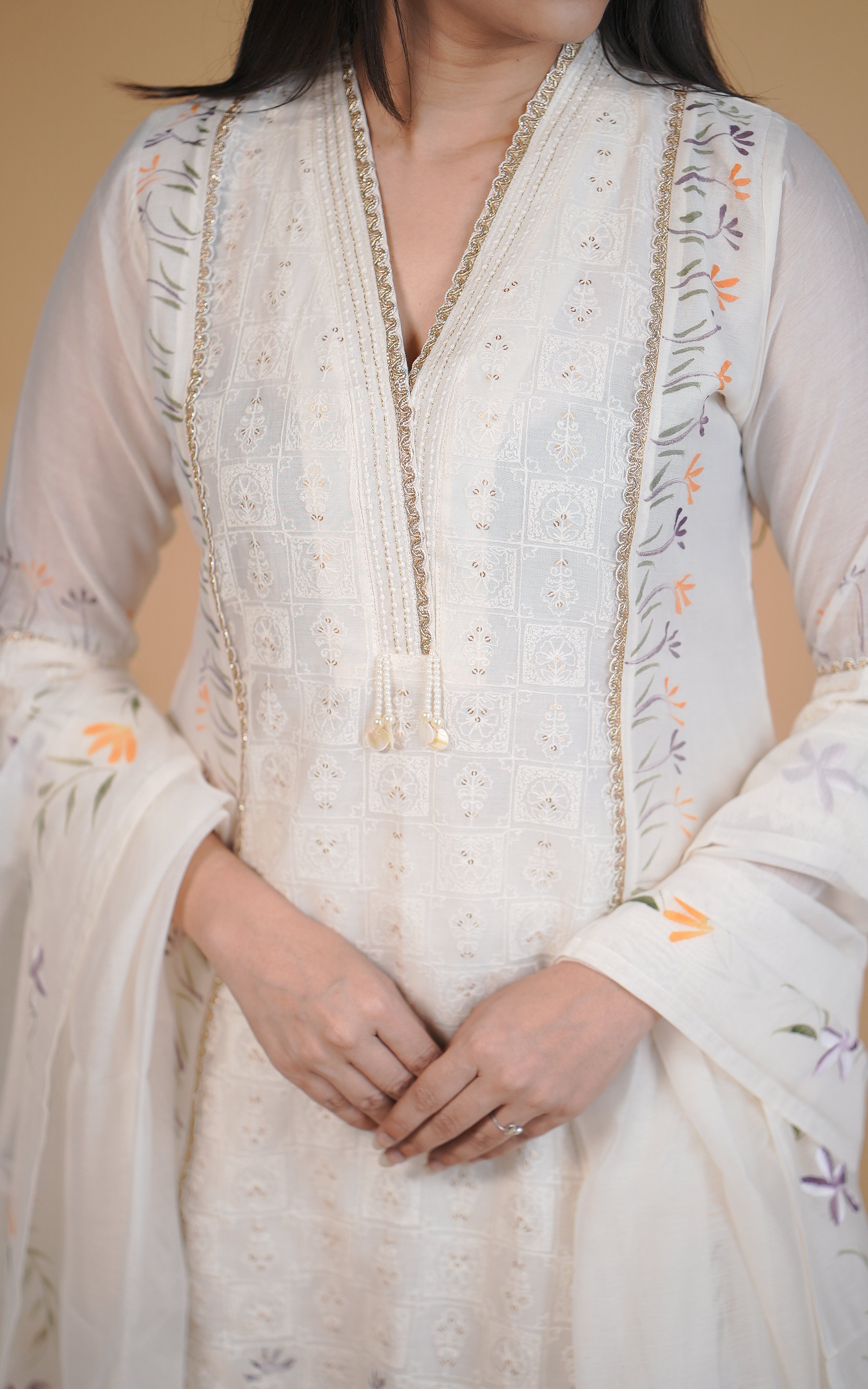 Chanderi silk kurti with pants and dupatta for women