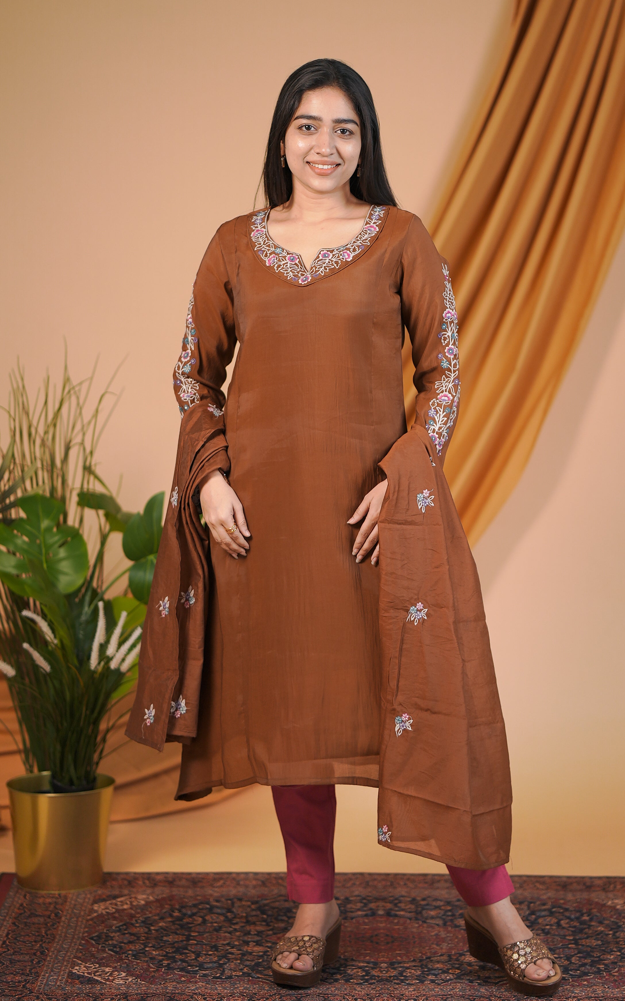 Instore – Brown Elakkiyam Kurti with Dupatta for Women – Art Silk – Festive Ethnic Wear