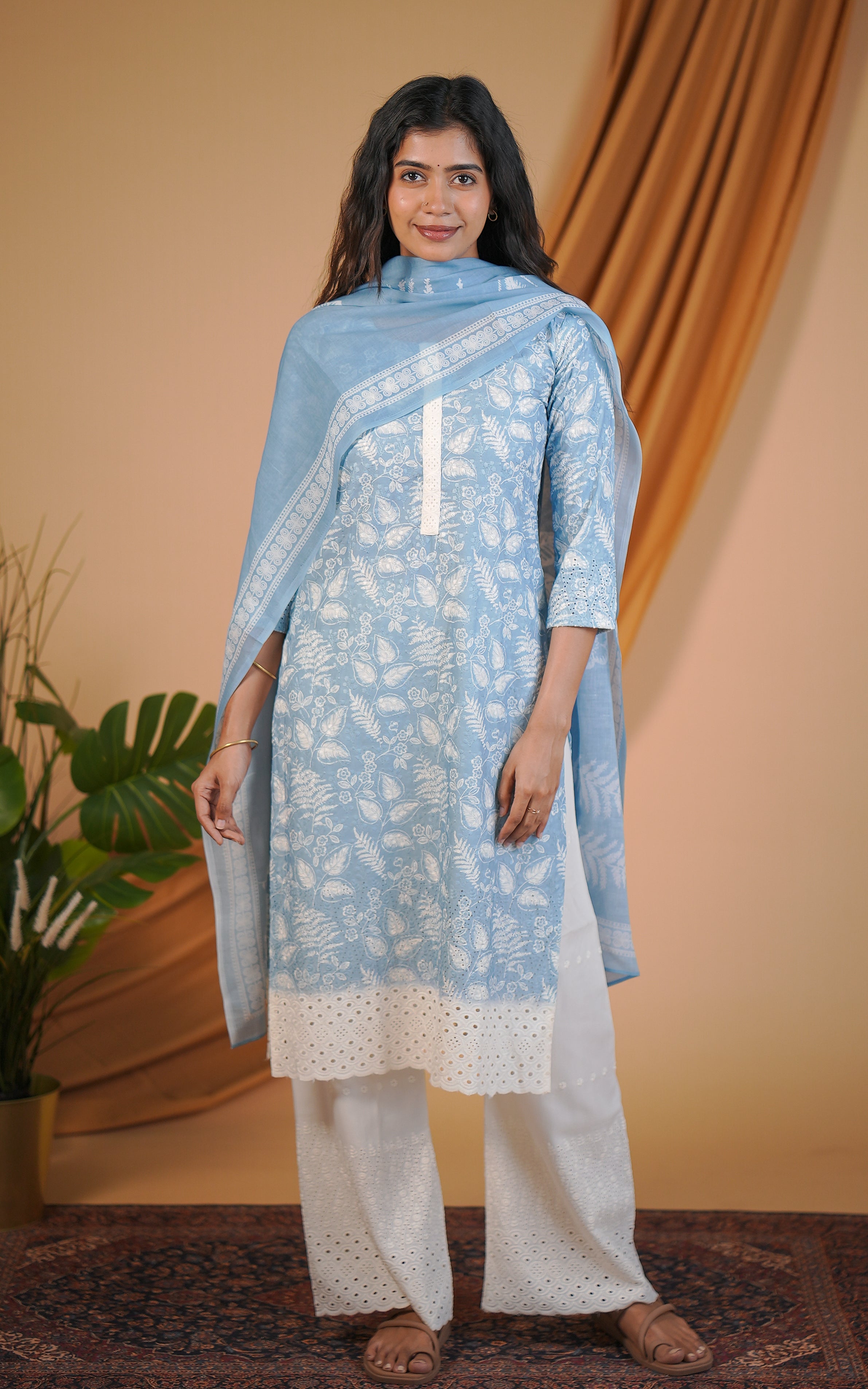 Sky blue hakoba kurti set for women