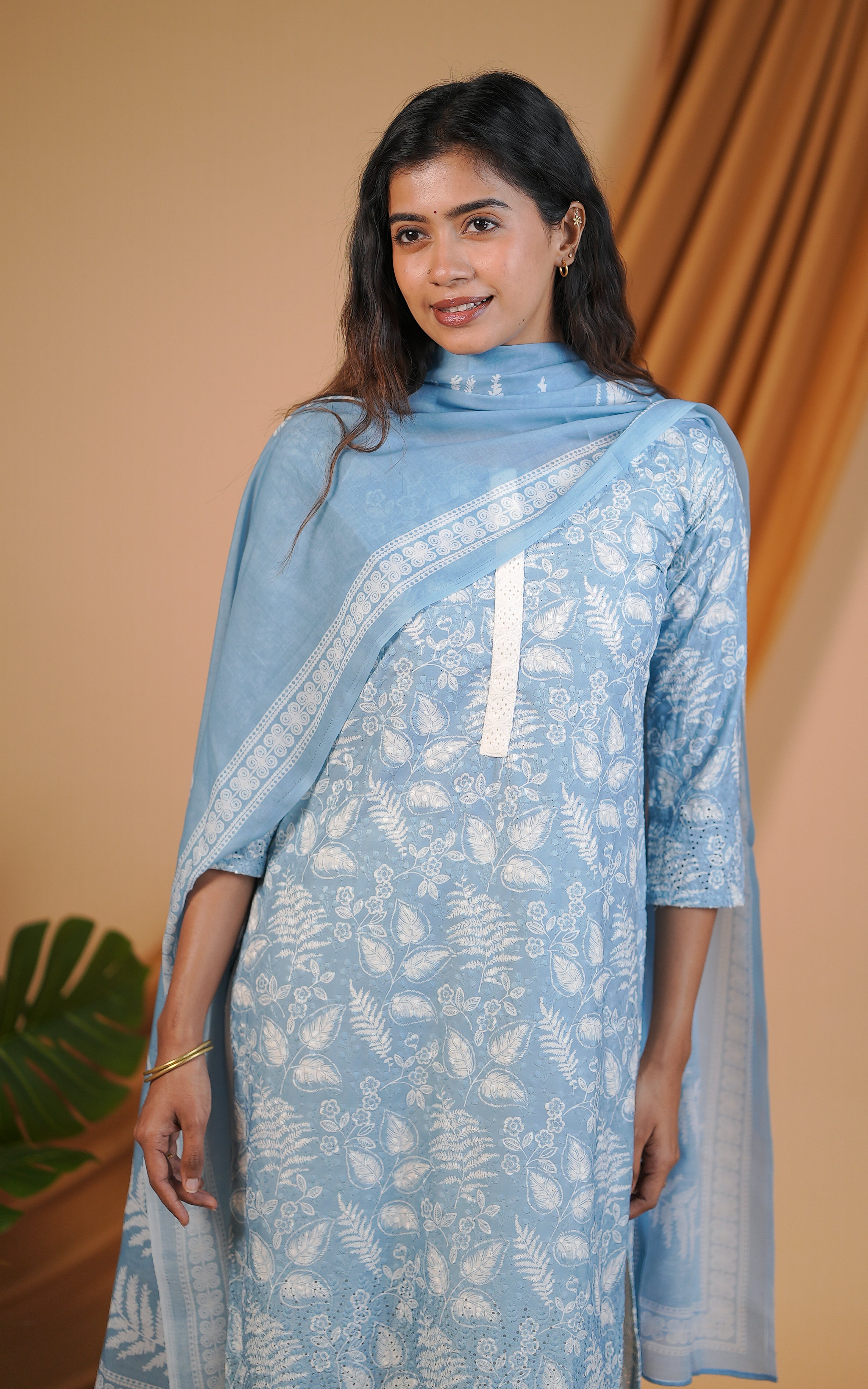 Sky blue hakoba kurti with palazzo pants for women