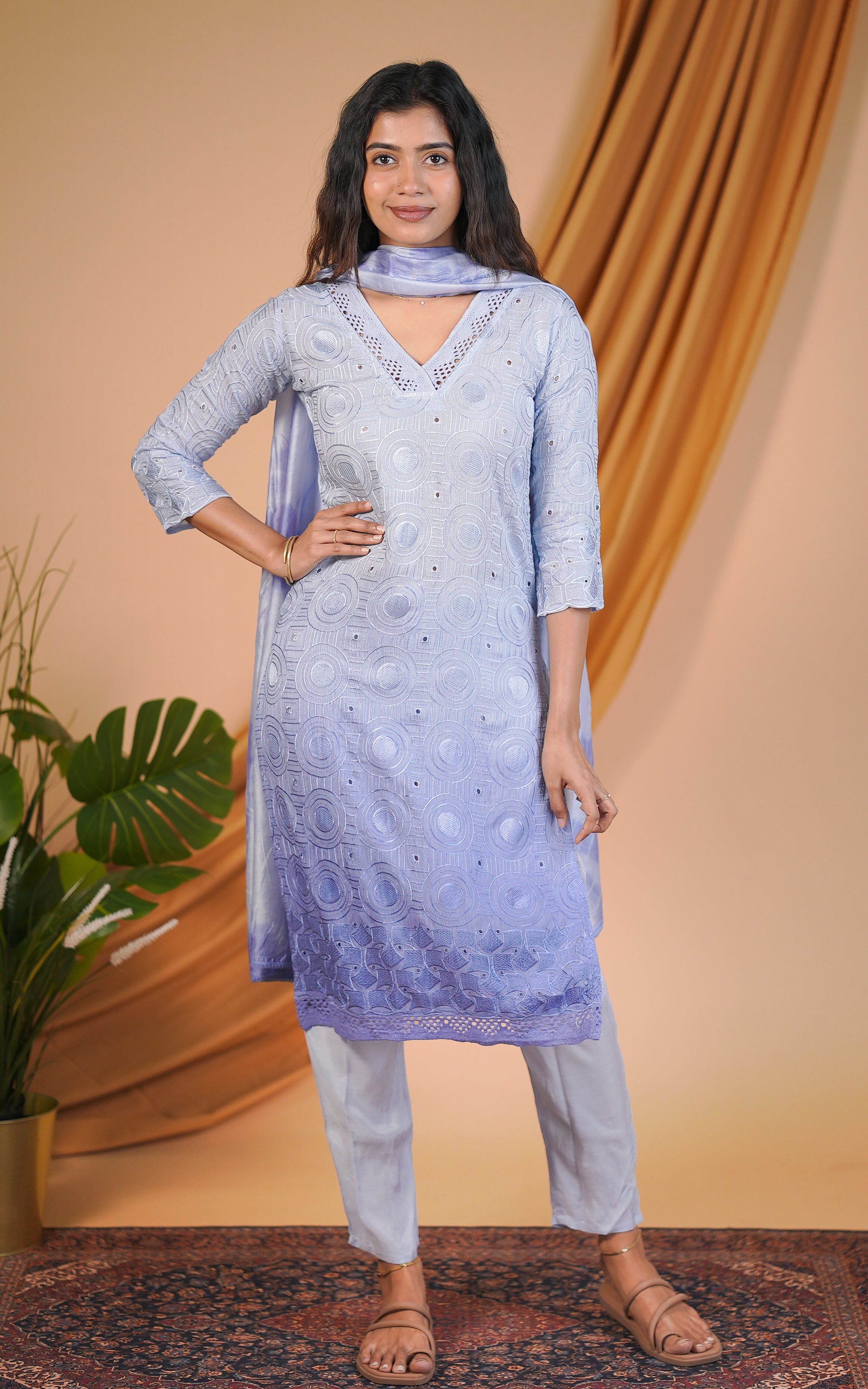 Blue art silk kurti set for women