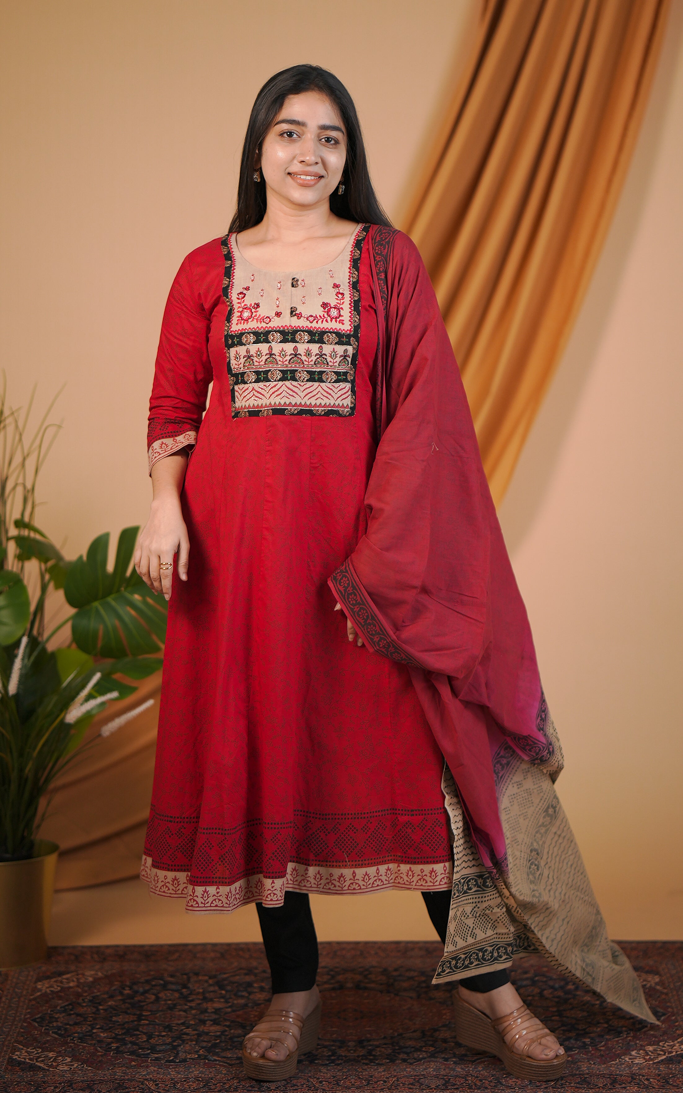 Red cotton kurti with mirror work yoke for women