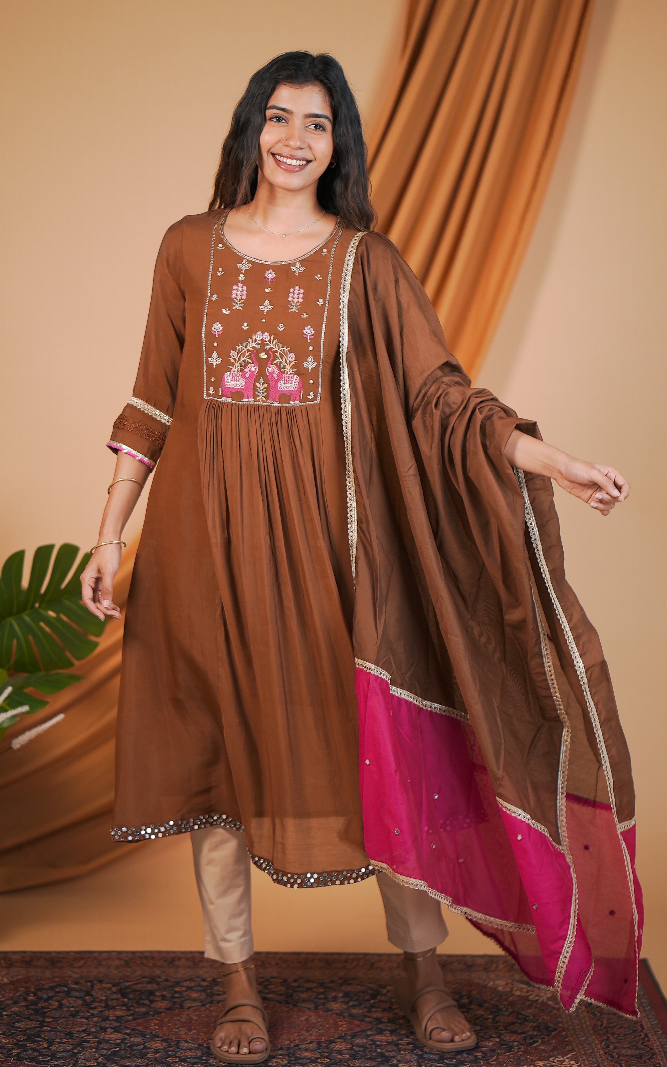 Instore – Brown Aira Kurti with Dupatta for Women – Art Silk – Festive Ethnic Wear