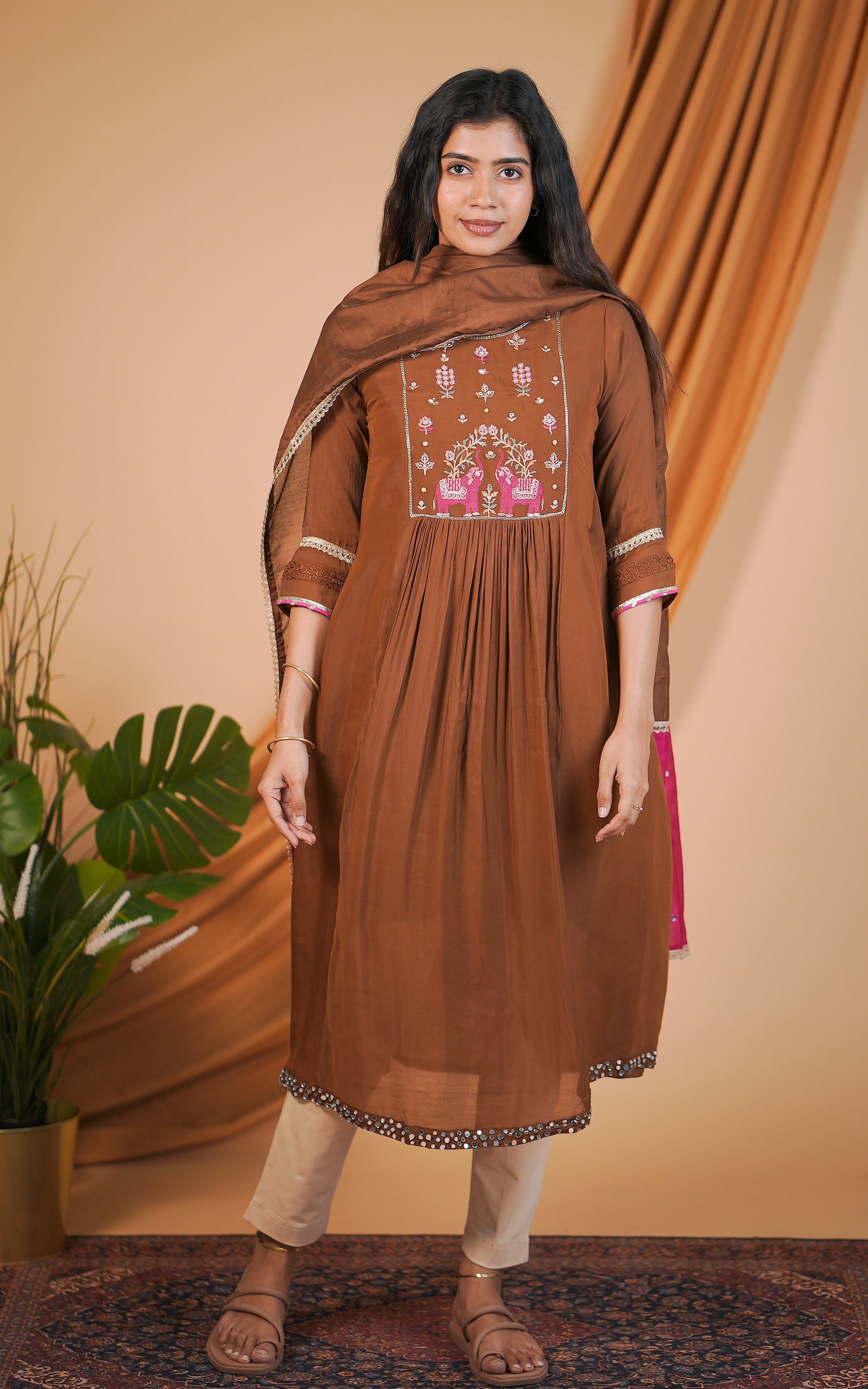 Instore – Brown Aira Kurti with Dupatta for Women – Art Silk – Festive Ethnic Wear