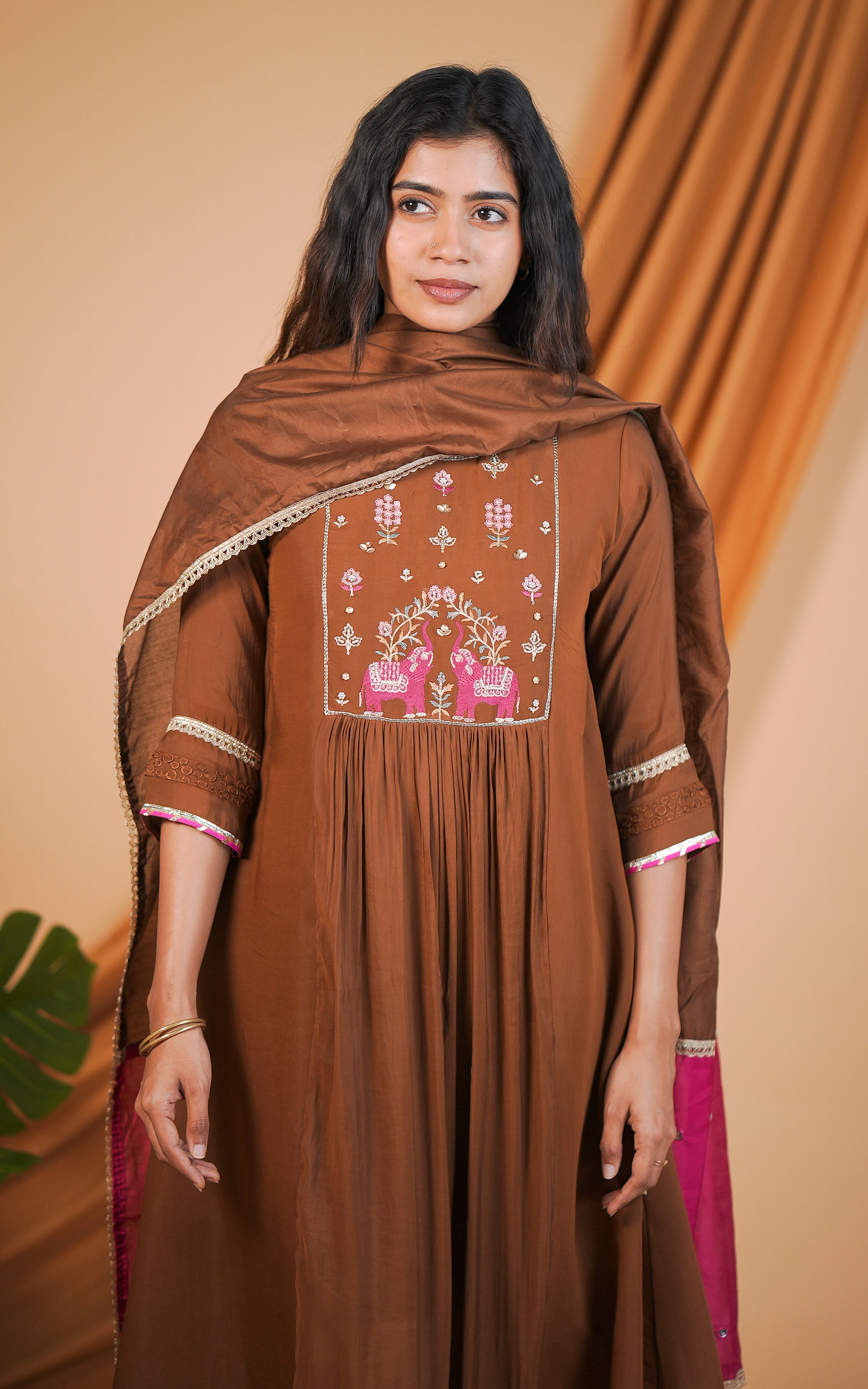 Instore – Brown Aira Kurti with Dupatta for Women – Art Silk – Festive Ethnic Wear