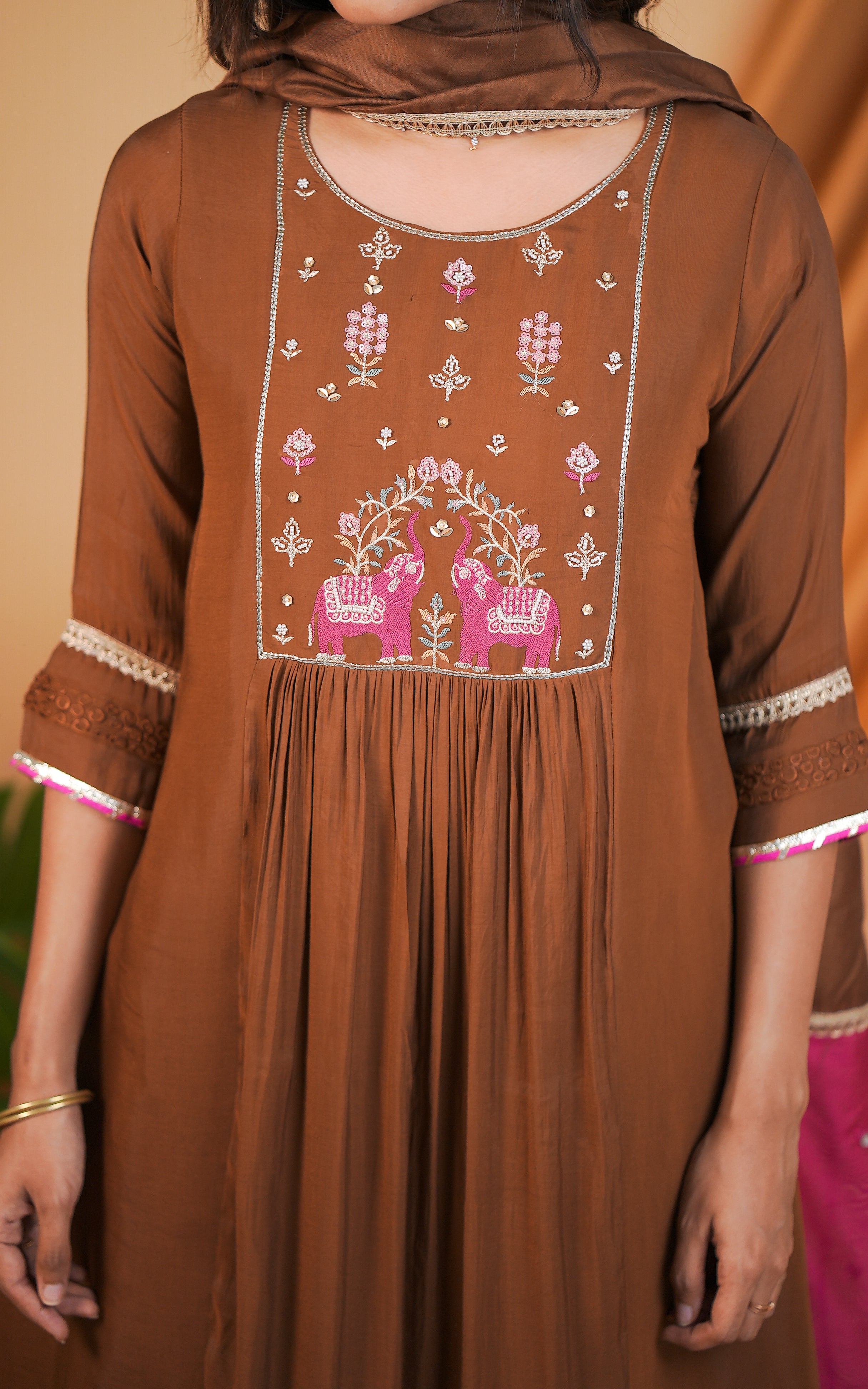 Instore – Brown Aira Kurti with Dupatta for Women – Art Silk – Festive Ethnic Wear