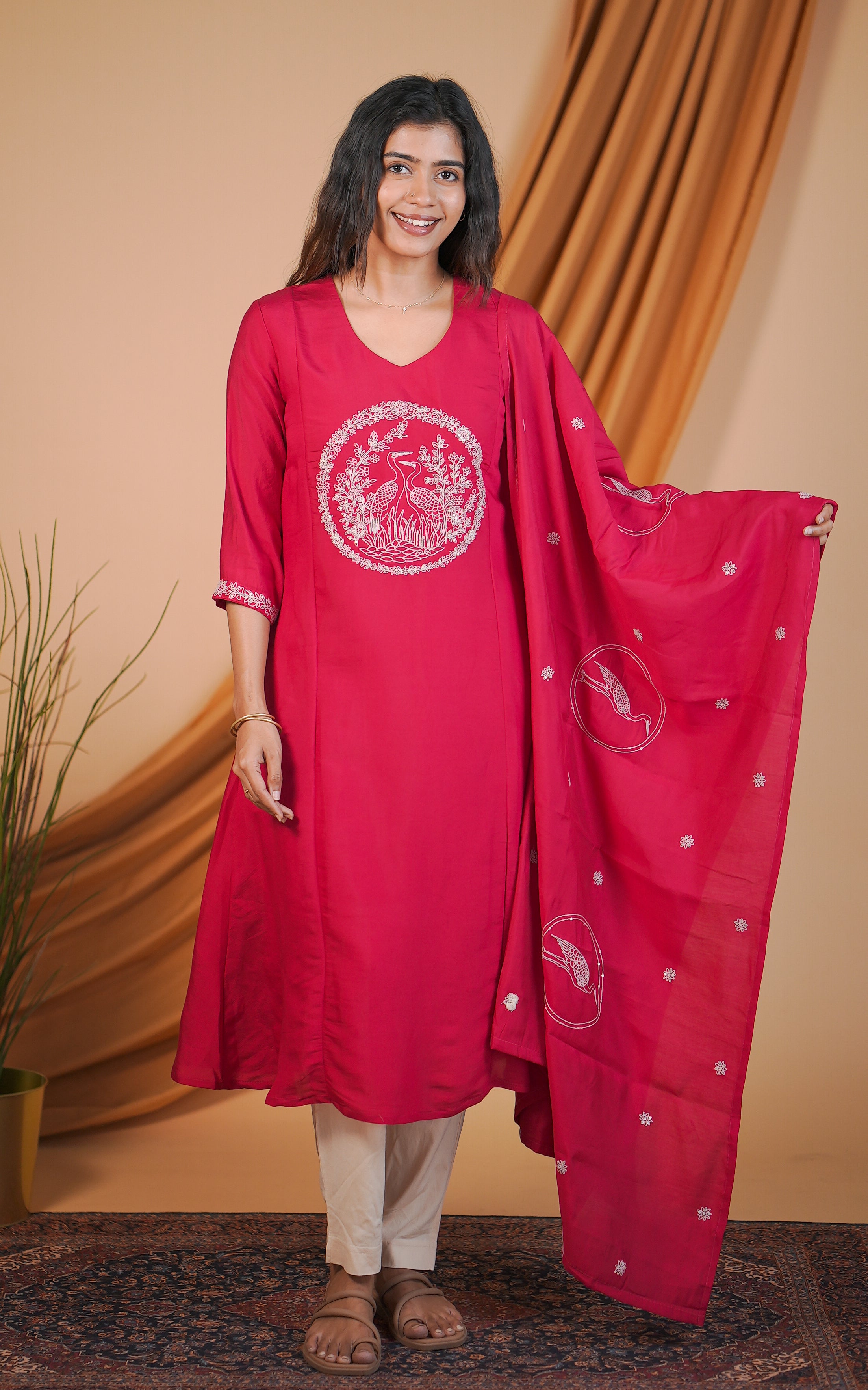 Reddish pink art silk kurti for women