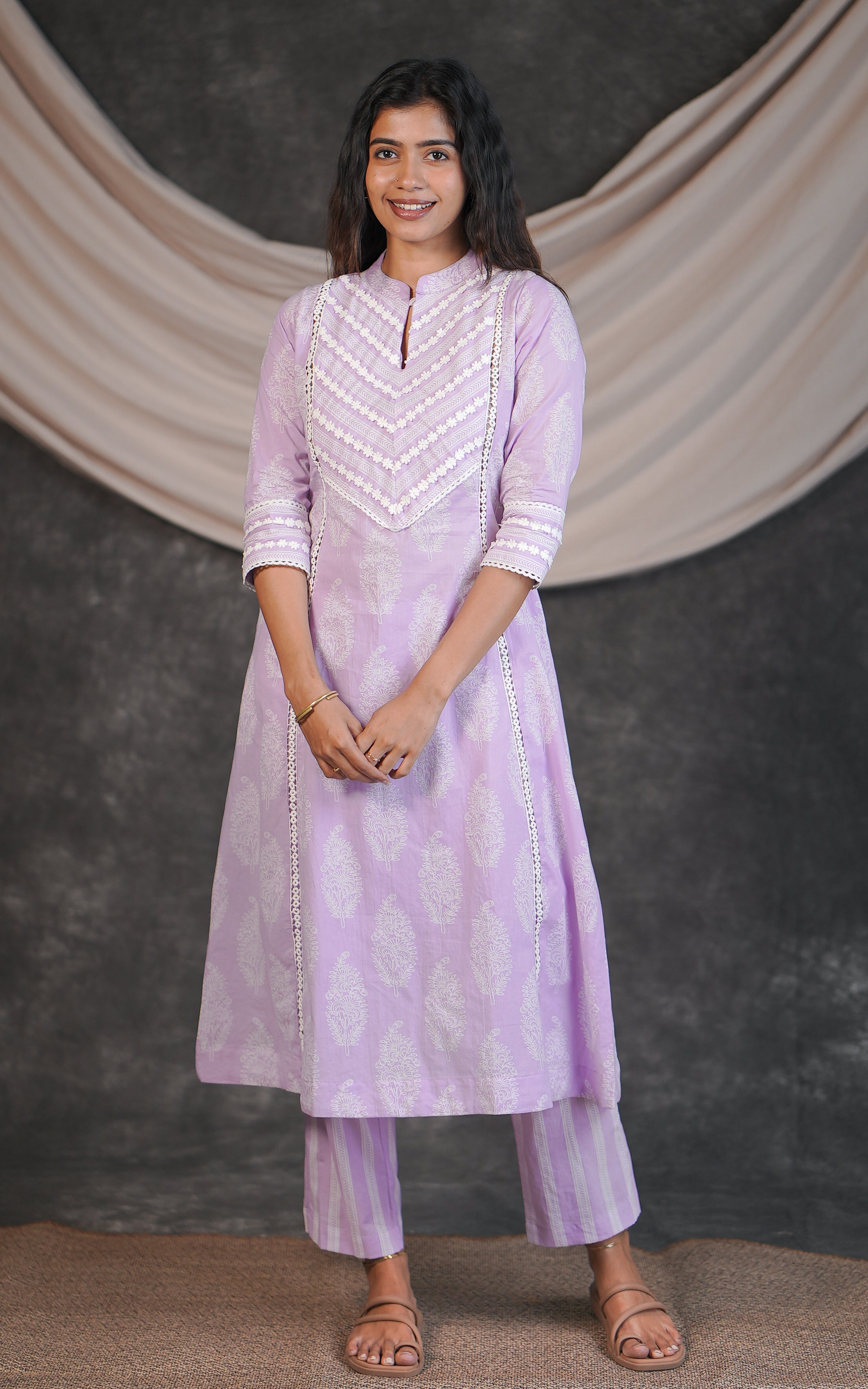 Lavender printed cotton kurti set for women