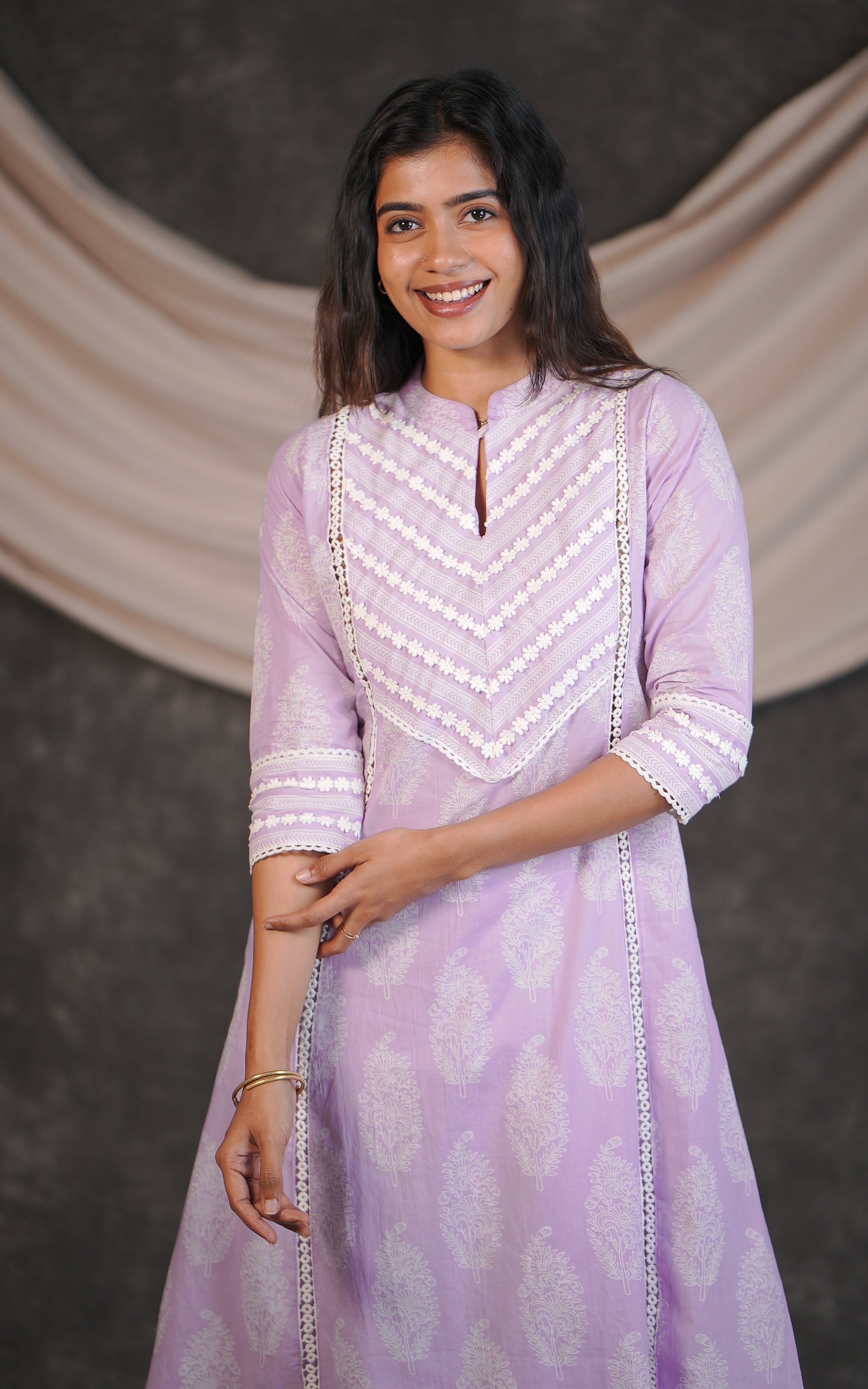 Printed cotton Aline kurti with mandarin neck for women