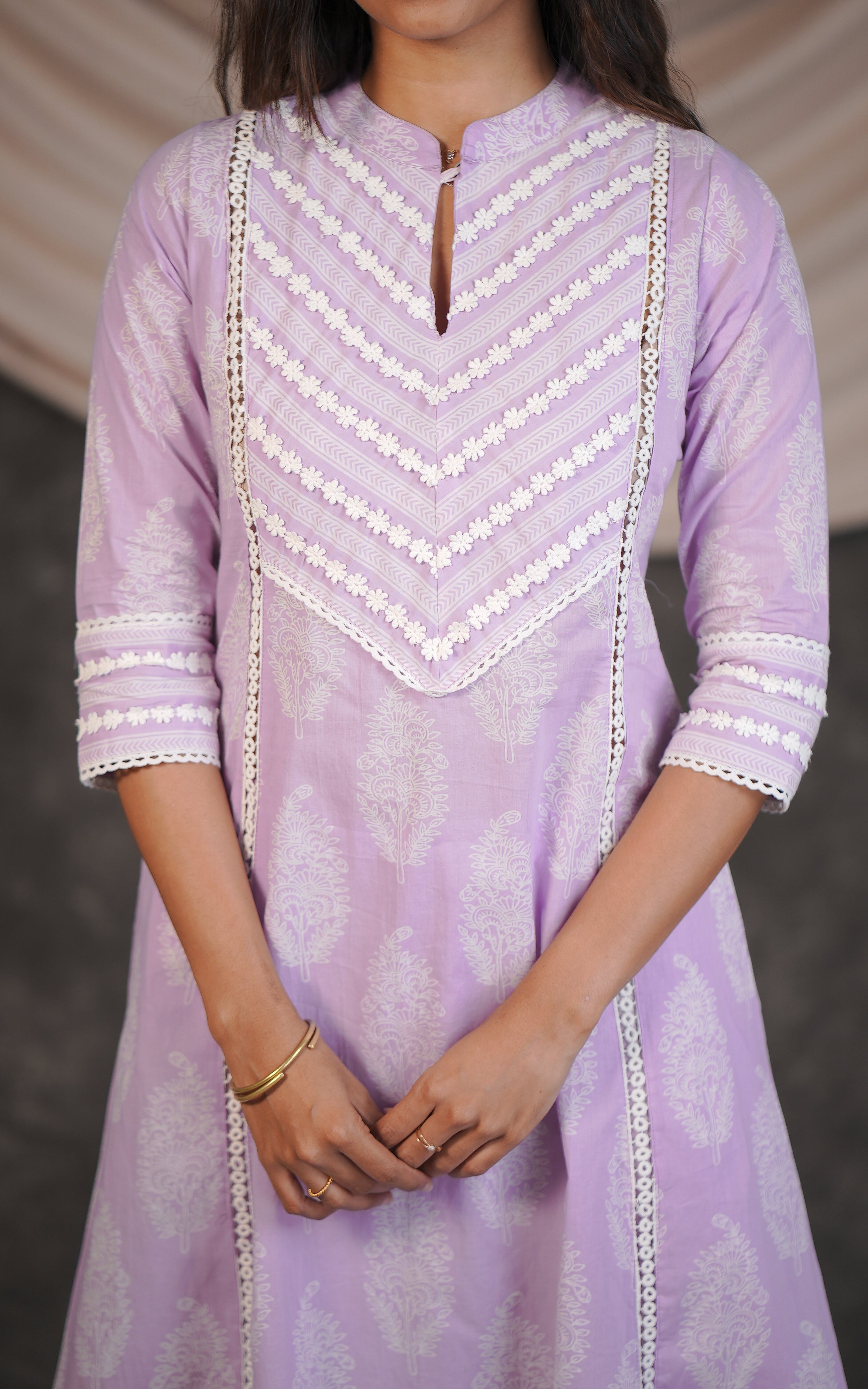 Lavender cotton kurti with chevron lace embroidery for women