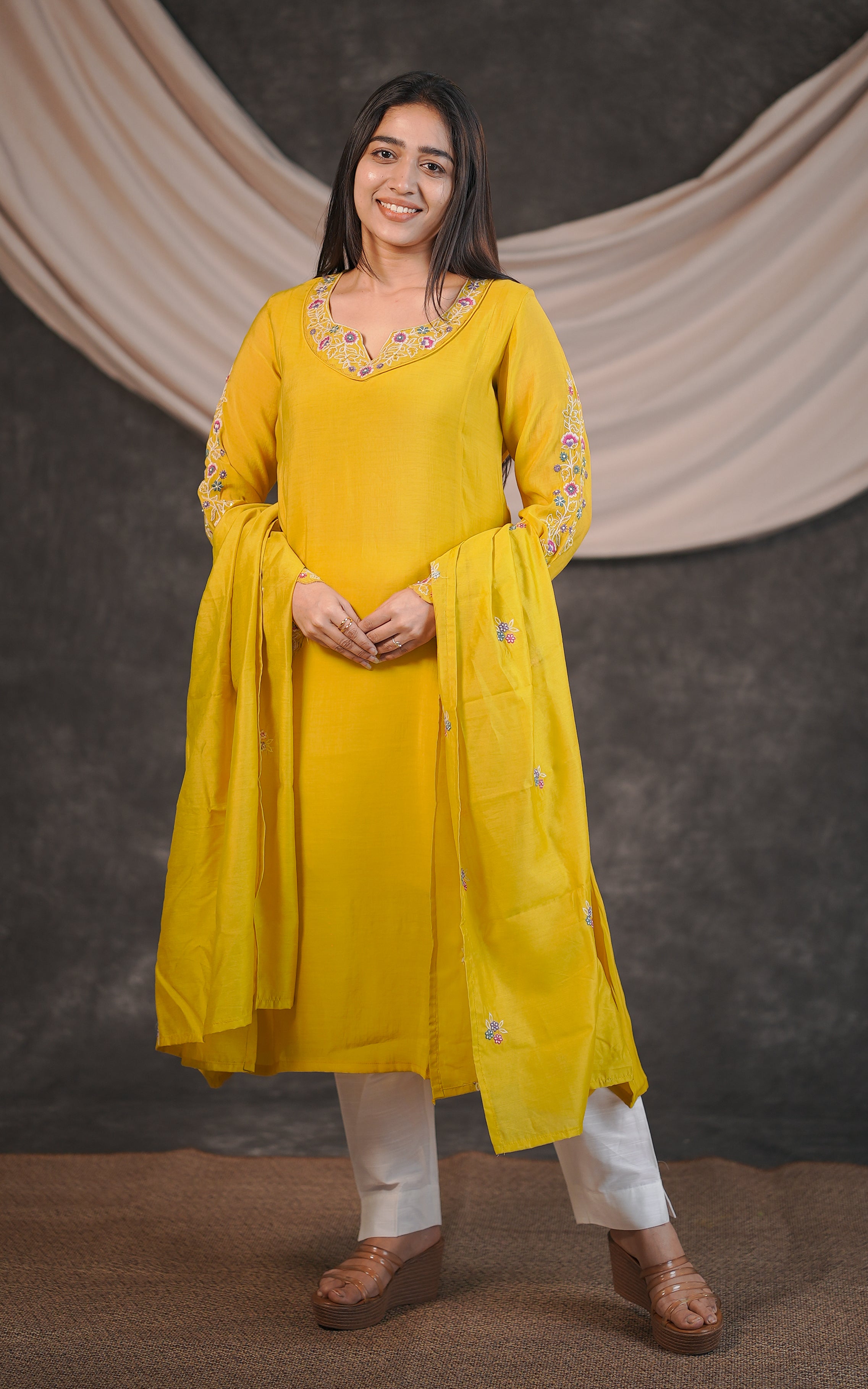 Instore – Lime Yellow Elakkiyam Kurti with Dupatta for Women – Art Silk – Festive Ethnic Wear