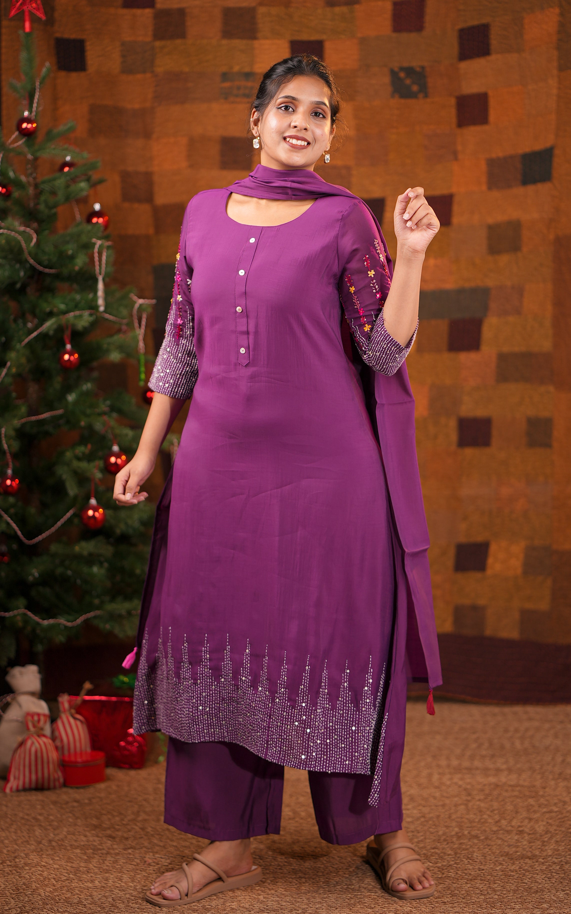 Instore - Deep Purple Color Art Silk Chikankari Embroidered Aline kurti with Pant with Side Pocket & Art Silk Dupatta