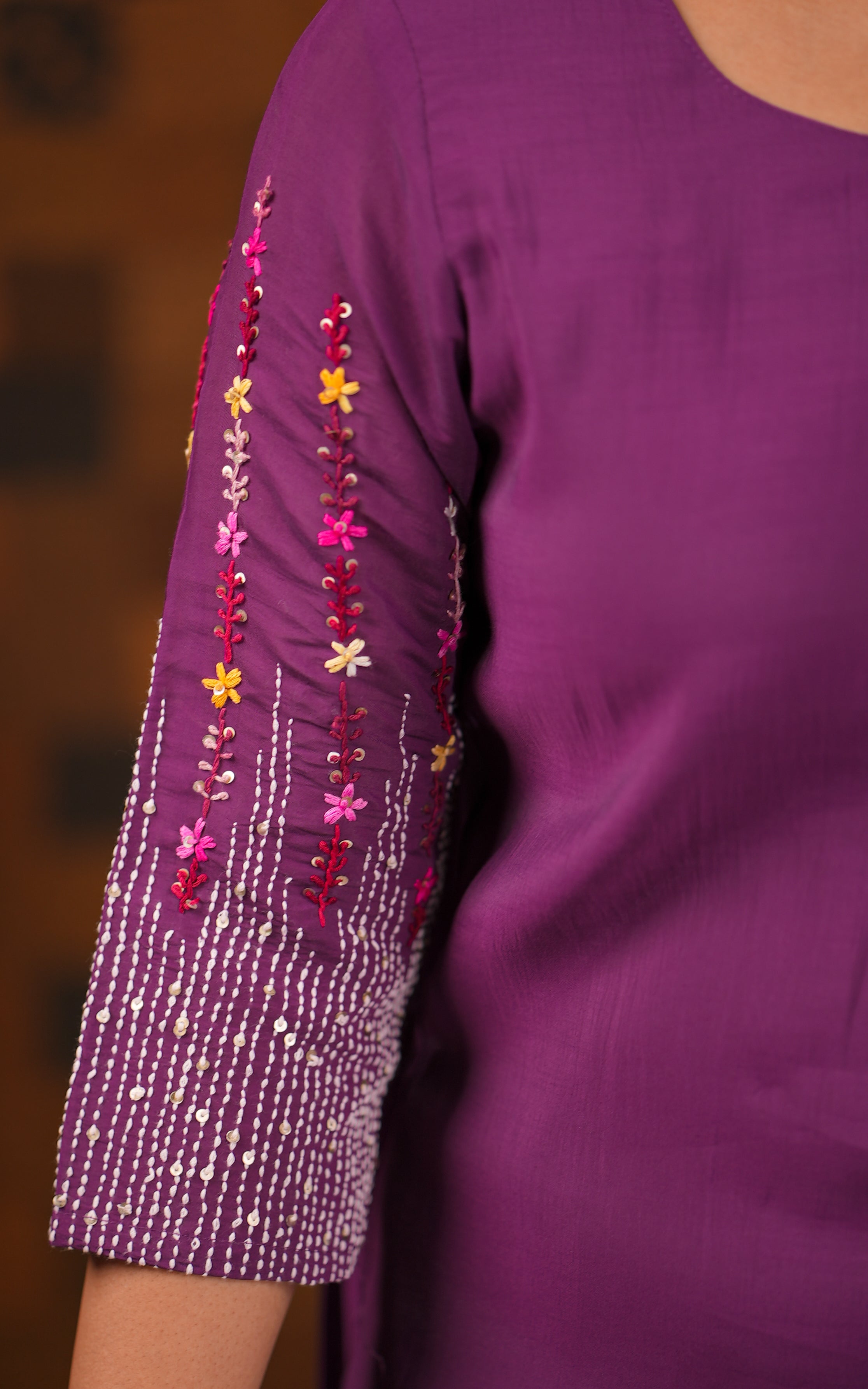 Instore - Deep Purple Color Art Silk Chikankari Embroidered Aline kurti with Pant with Side Pocket & Art Silk Dupatta