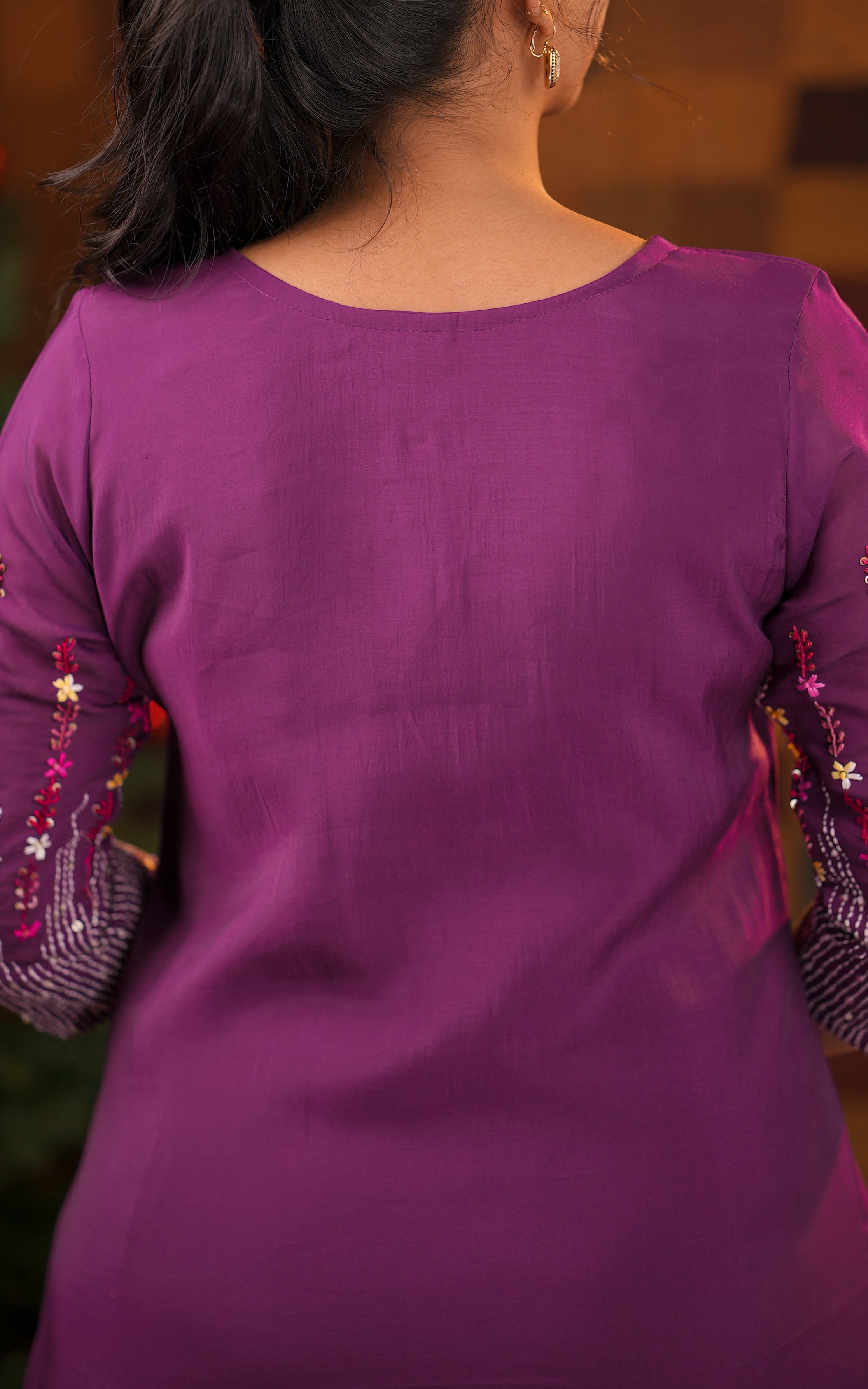 Instore - Deep Purple Color Art Silk Chikankari Embroidered Aline kurti with Pant with Side Pocket & Art Silk Dupatta