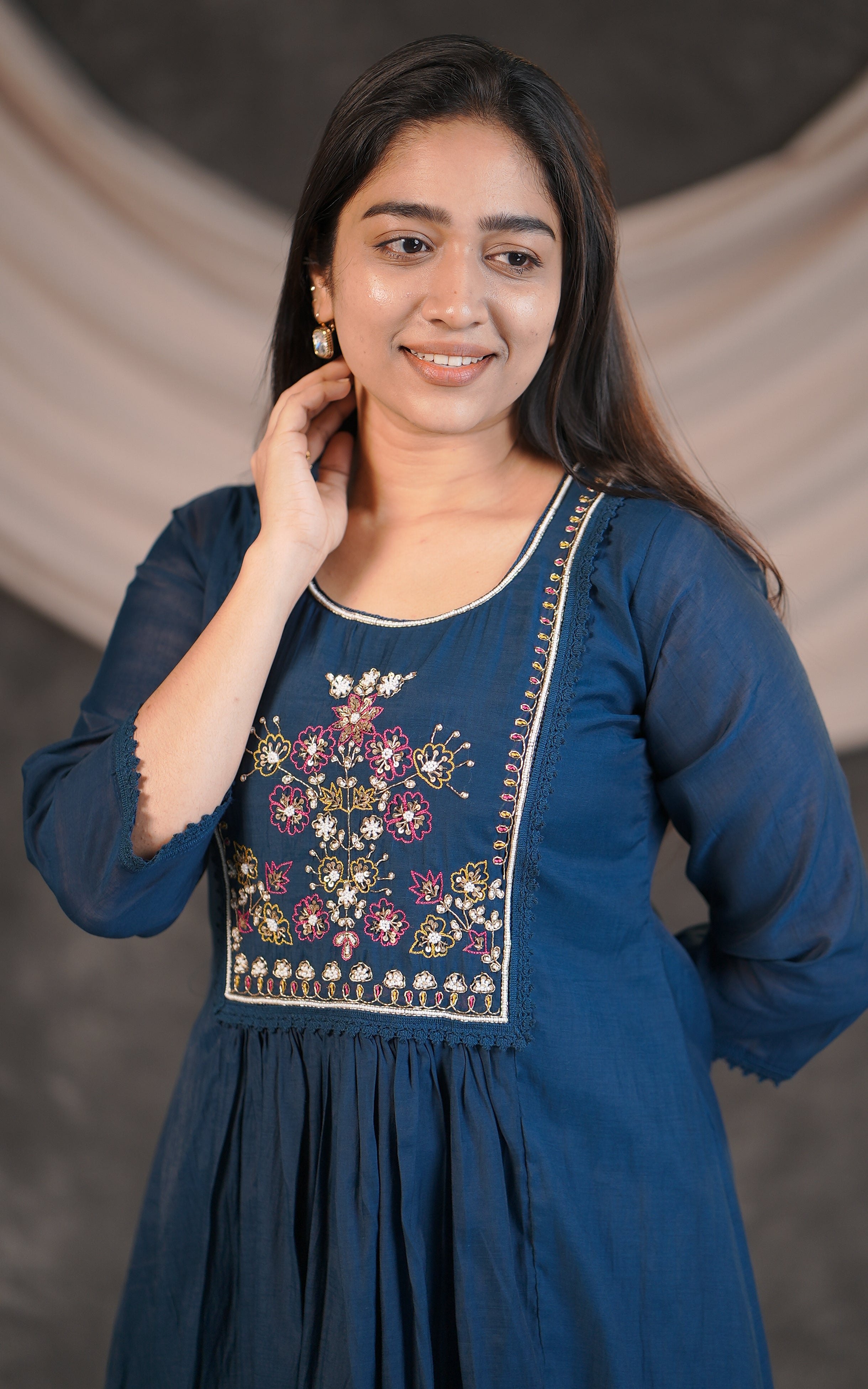 Ethnic Navy Blue Flared Kurti with Beads Embroidery