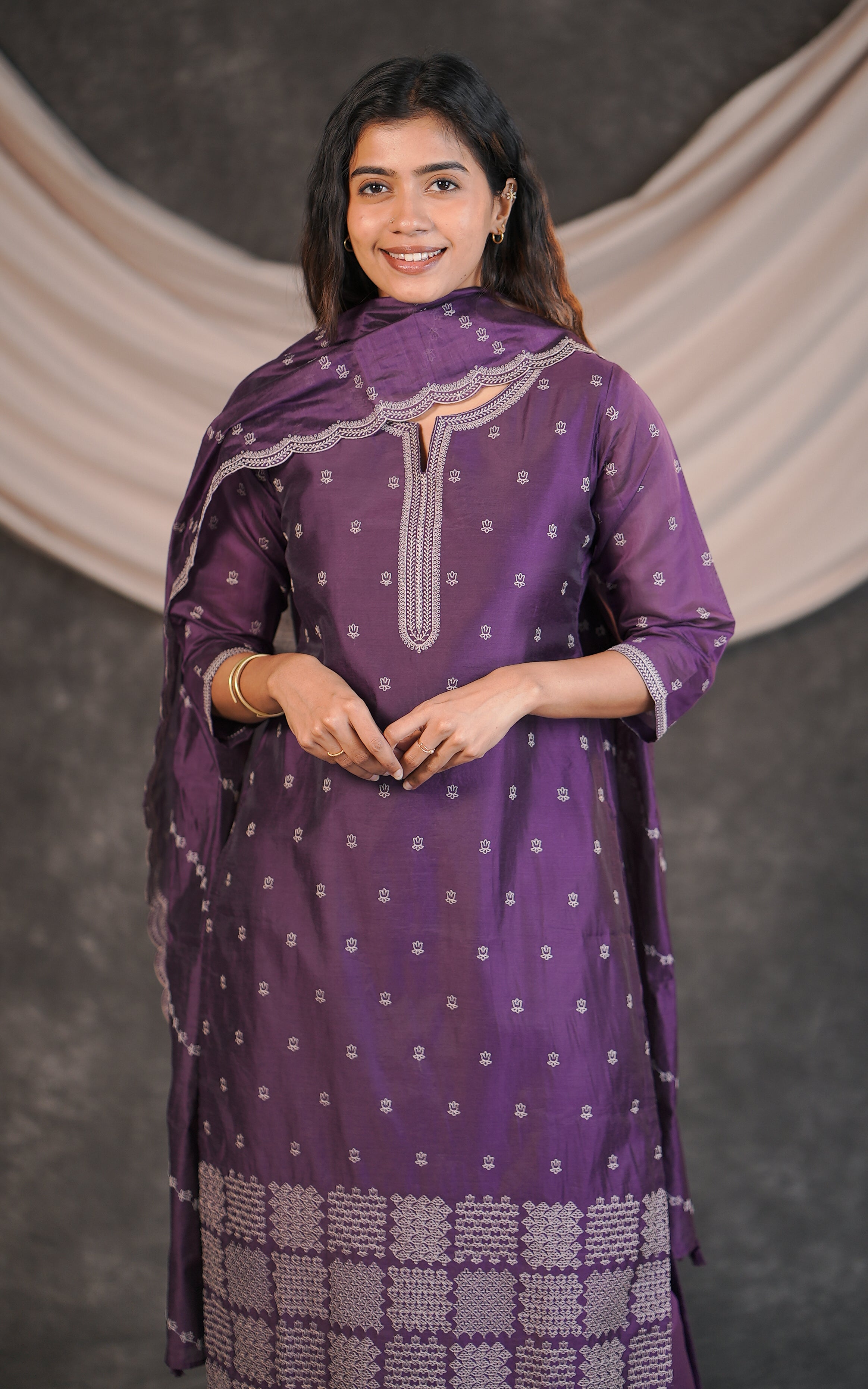 Elegant thread embroidered art silk kurti set for women